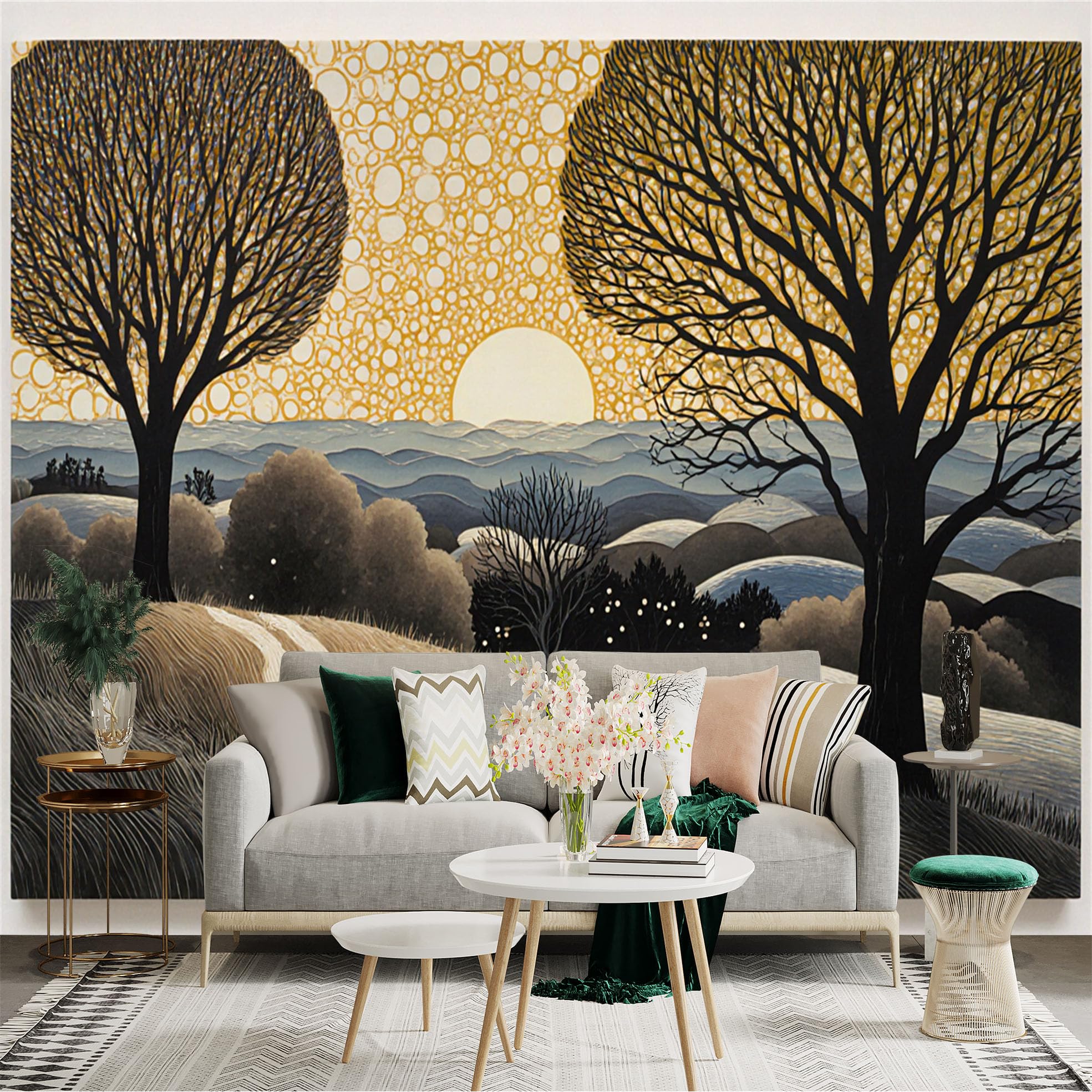 Custom Size Wall Sticker Mural， Golden Sunset Landscape with Trees and Rolling Hills， for wall Decoration， peelandstick wall Decals.