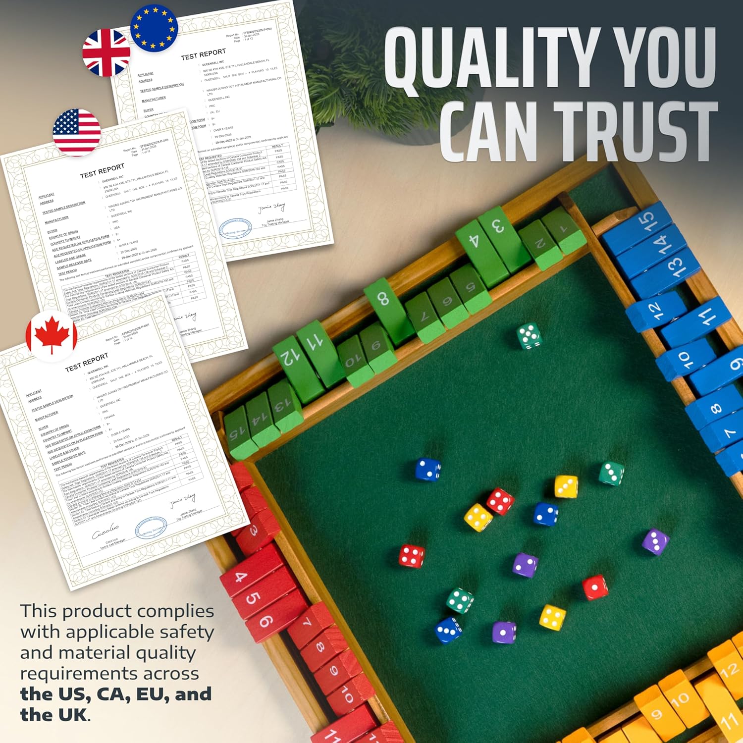 Queensell Shut The Box Game Wooden Board for 4 Players – 15 Numbers Shut The Box Game – Classic Shut The Box Dice Game for Adults & Kids – Family Board Game