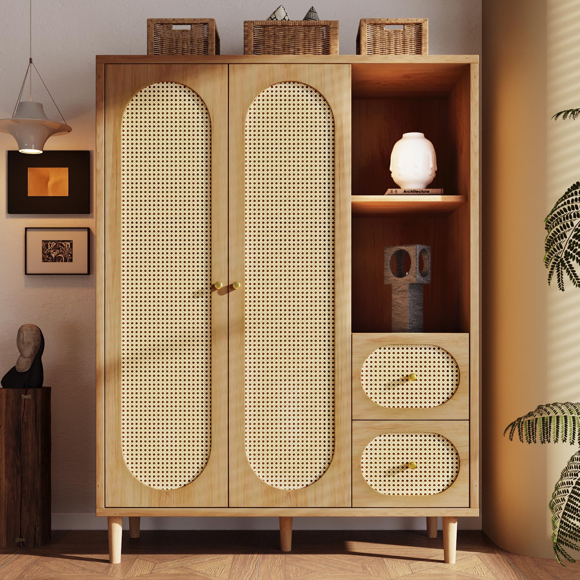 Zepneiy Armoire Chambre Adulte/Enfant en Chêne, Armoire de Rangement avec Penderie, Armoire en Rotin à 2 Portes avec 2 Tiroirs et étagères Ouvertes, Bois 161 x 120 x 44 cm