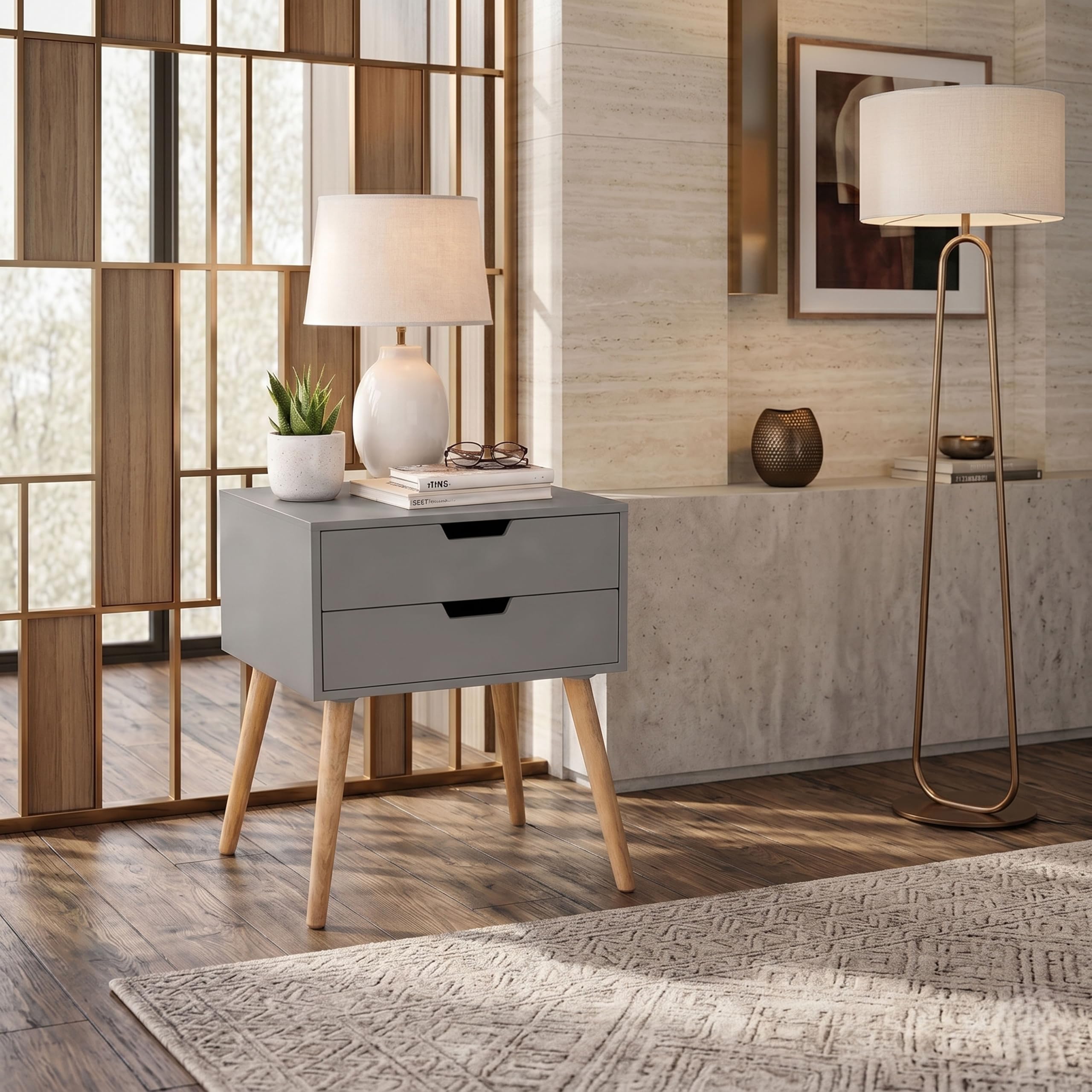 Accent Engineered Wood Bed Side Table with Two Drawer Nightstand, End Table with Storage, or Minimalist Bedside Table with Storage Drawers. (Grey)-image-32