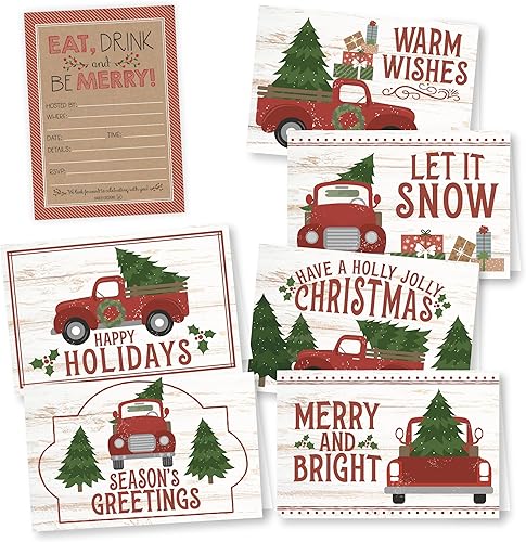 Hadley Designs 24 tarjetas navideñas de camiones a granel con sobres, 25 invitaciones para fiestas navideñas, tarjetas de invierno, ideas de