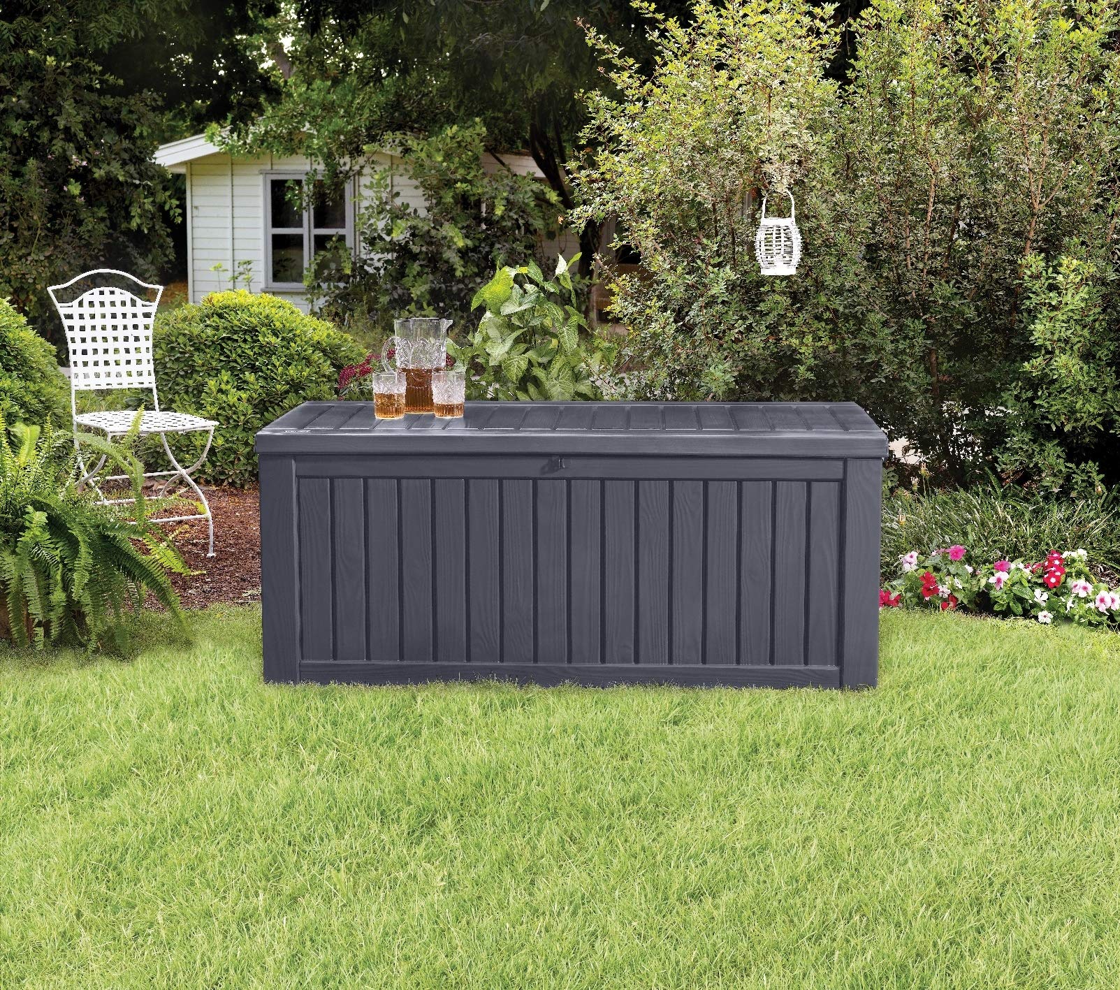 Koll Living Auflagenbox/Kissenbox 570 Liter l 100% Wasserdicht l mit Belüftung dadurch kein übler Geruch/Schimmel l Moderne Holzoptik l Deckel belastbar bis 250 KG (2 Personen) (GRAU)