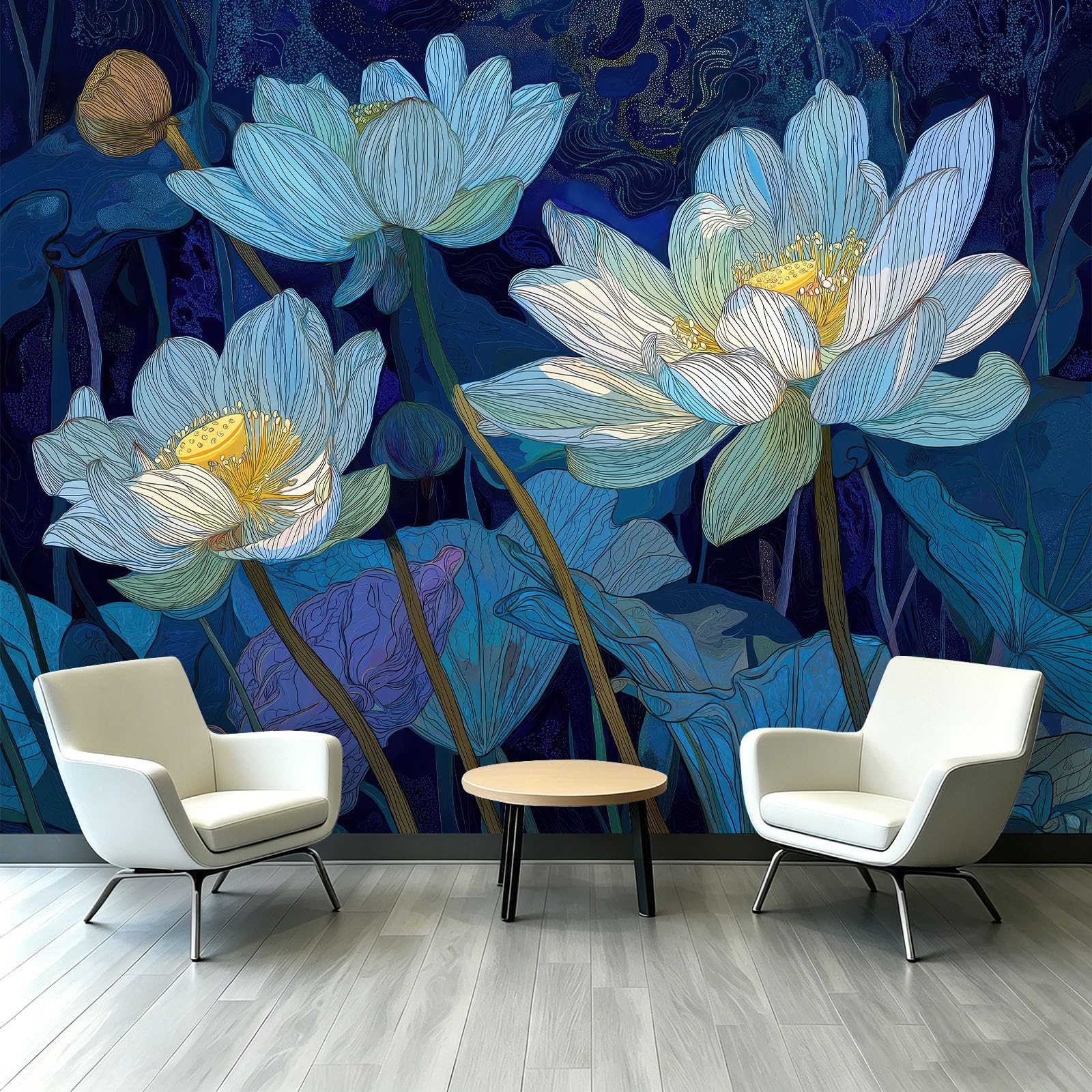 Fototapeta do salonu, kwiaty, lilia wodna, powierzchnia wody 400 x 280 cm, akwarela, lotus, druk 3D, tapeta na fizelinę, tapeta ścienna do sypialni, pokoju dziecięcego, tło TV, tapeta z włókniny