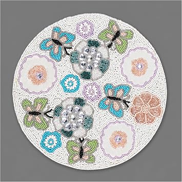 Beaded Placemats,Beaded Round Placemats,Butterfly Flower Design Beaded Placemat Round for Dining Table 13"x13" - Beaded Charger for Dinner Plate - Occasional Decoration - Ivory Aqua Purple Multi
