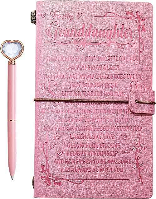 to My Granddaughter's Gift-Pink Leather Journal+Heart Diamond Pen Set,Refillable Notepads,Engraved Notebook Writing Journal,Travel Diary Graduation Back to School,Christmas,Birthday Gifts for Girls