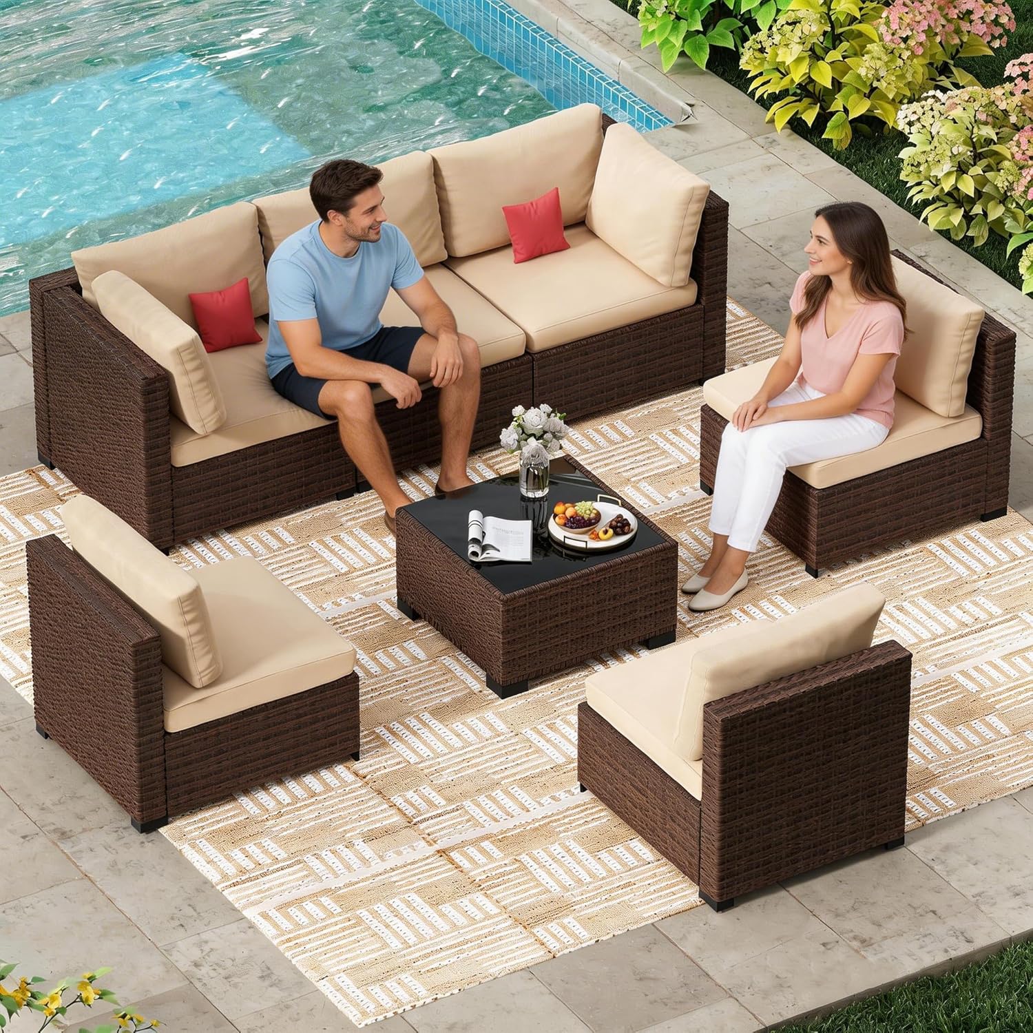 LHBcraft 7 Pieces Outdoor Patio Furniture Sets,PE Rattan Wicker Patio Conversation Set with Tea Table,Patio Sectional with Thick Cushions,Outdoor Furniture for Garden, Deck