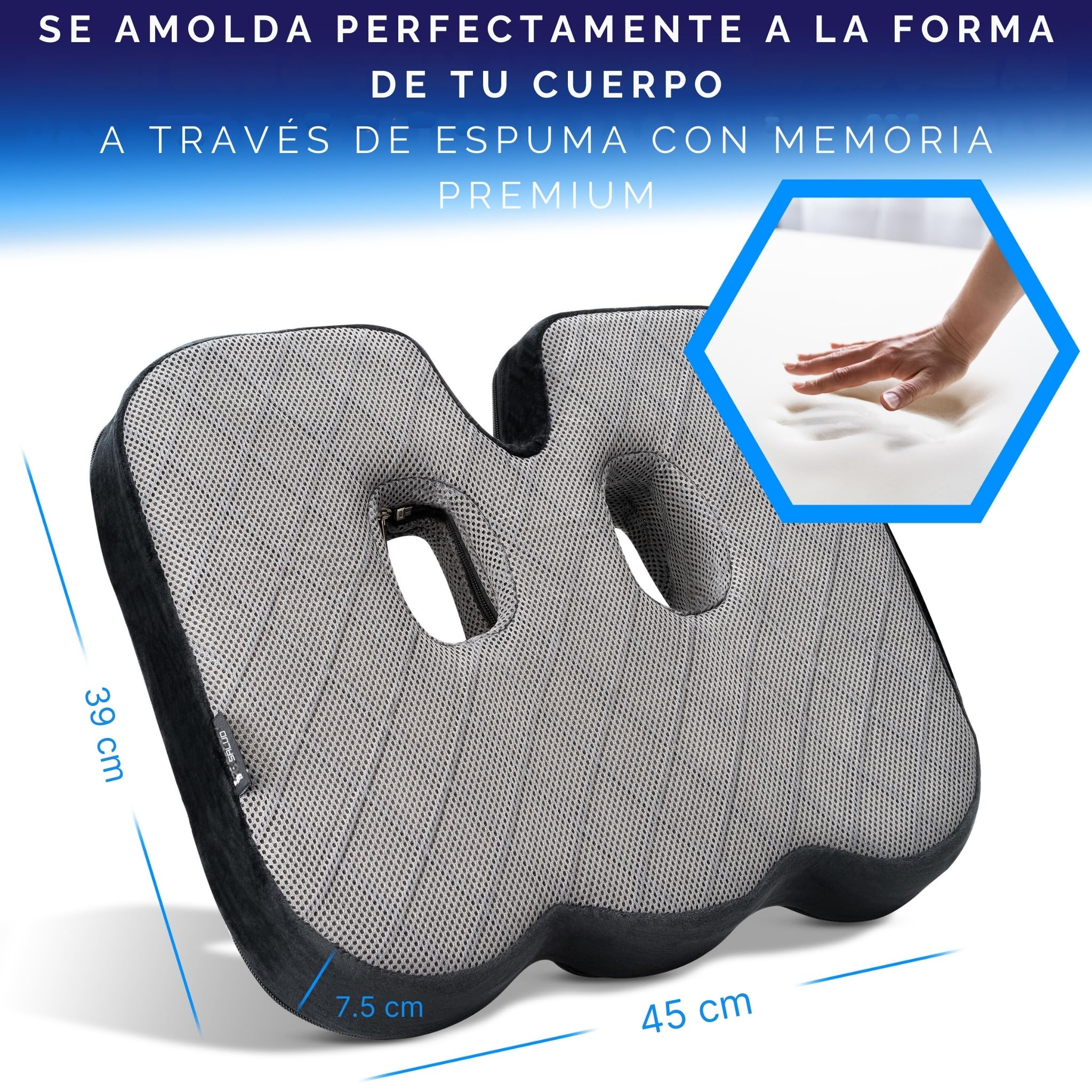 Healthfix® Cojín Ortopédico de Espuma Viscoelástica para Coxis y Ciática – Almohada Ergonómica para Silla de Oficina, Coche o Escritorio – Funda Lavable y Base Antideslizante