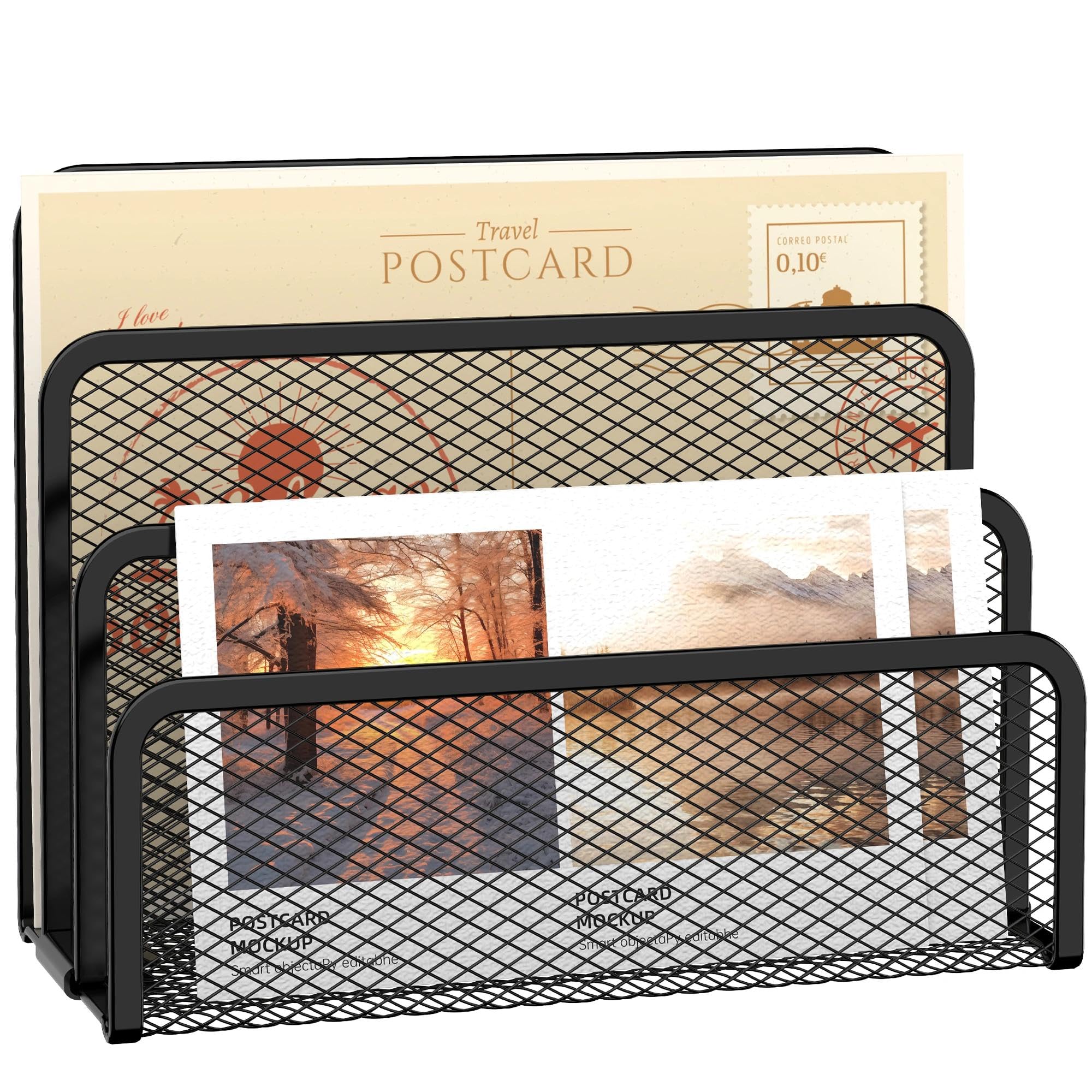 SUPEASY Mail Organiser for Desk, Mesh Metal Mail Holder Countertop with 3-Slot, Letter Sorter File Holder, Office Envelope Organiser for Mails(black)