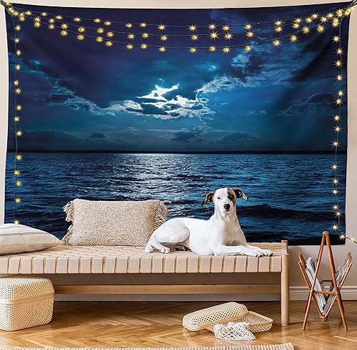 Miniatura 9 de Ambesonne Tapiz de noche, majestuosas nubes de cielo dramáticas y luna llena sobre paisaje marino, océano tranquilo y tranquilo, colgante de pared