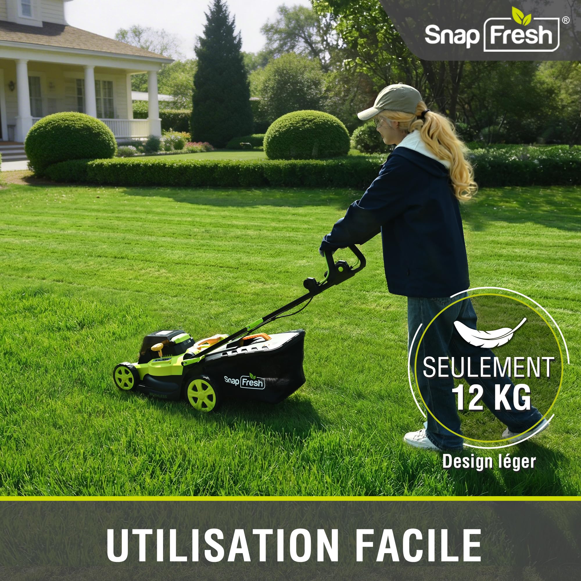 SnapFresh Tondeuse à Gazon sans Fil 40V, Largeur de Coupe 40 cm, Bac 42 L, Deux Batteries 4,0 Ah, Moteur sans balais