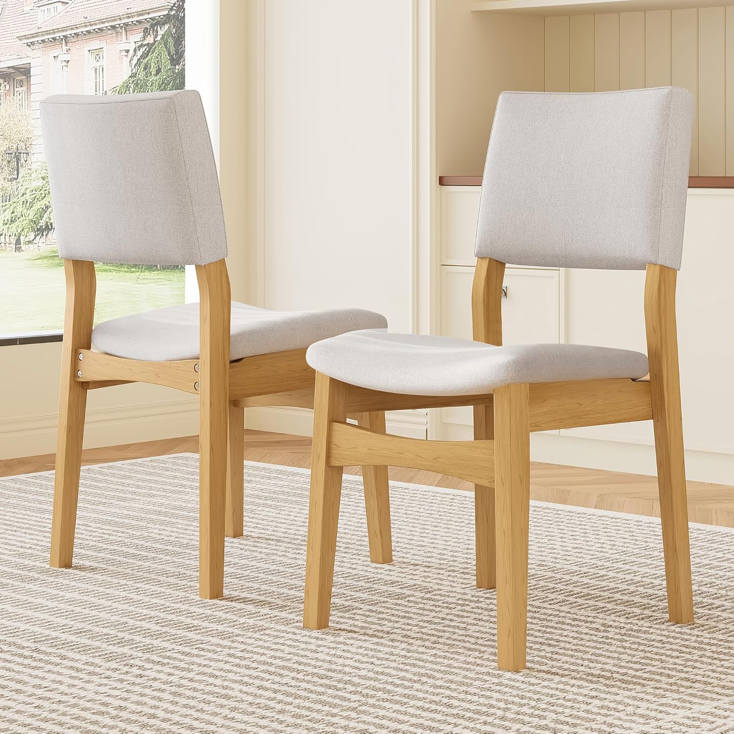P PURLOVE Upholstered Stackable Dining Chairs Set of 2 for Dining Room and Living Room, Linen Fabric Seat & Backrest, Solid Wood Frame (Natural)