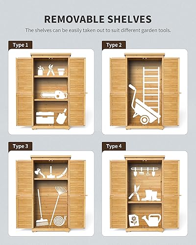 Vista 5 de Gizoon Outdoor Storage Cabinet with 3 Shelves, Double Lockable Wooden Garden Shed with Waterproof Roof, Outside Vertical Tall Tool Shed for Yard