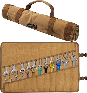 Wrench Roll Up Organizer Pouch,Heavy Duty 16oz Waxed Canvas Tool Bag, 24 Pockets Tool Roll Bag with Buckle