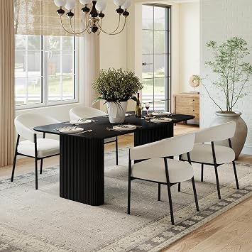 RGZ Modern Oval Dining Table Set for 4, Large Kitchen Table Chairs Set with Ripple Legs, Oval Dining Room Table Set with Off White Chenille Upholstered Chairs for Kitchen HomeBlack