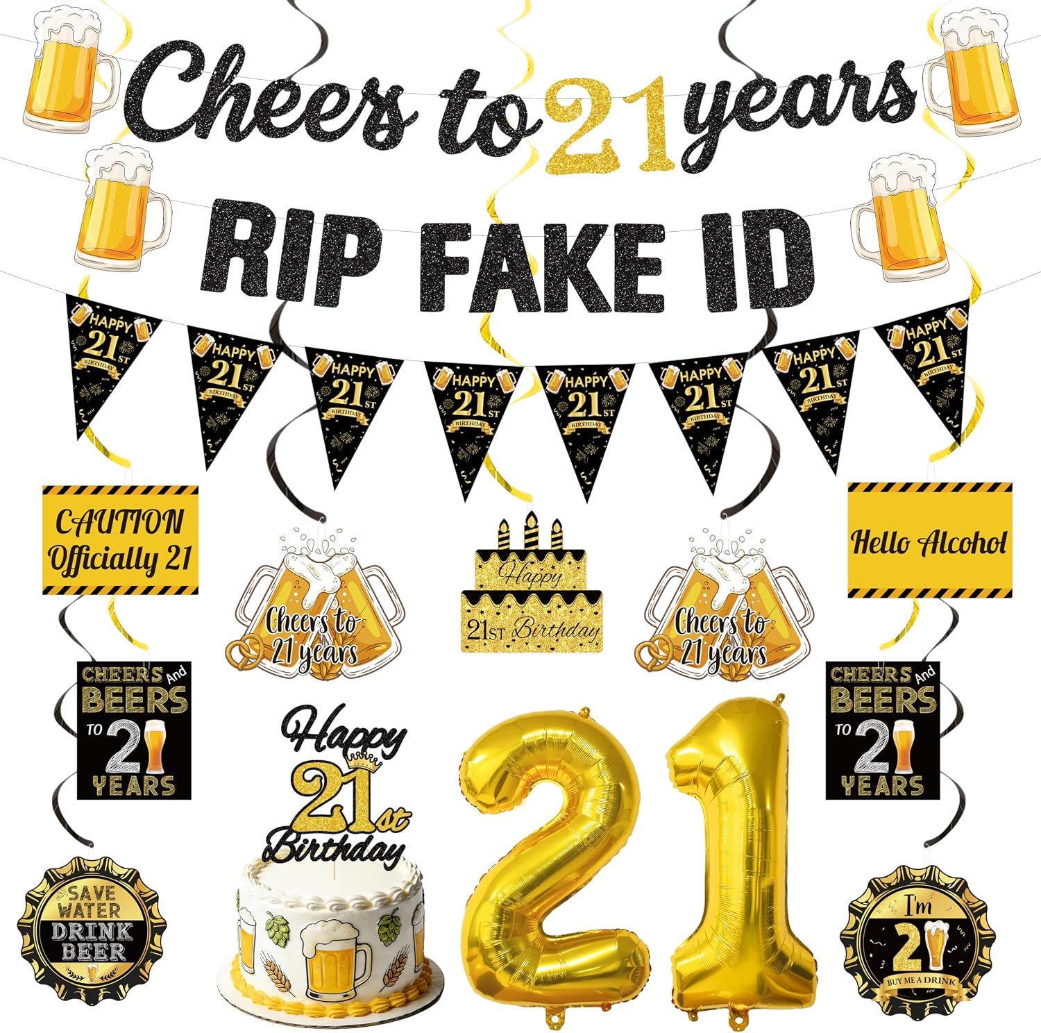 21st Birthday Decorations for Him Men,Black Gold Glitter Cheers to 21 Years Banner Triangle Flag Banner 21st Bday Hanging Swirls Number 21 Balloon Cake Topper Happy 21st Birthday Party Supplies Kit