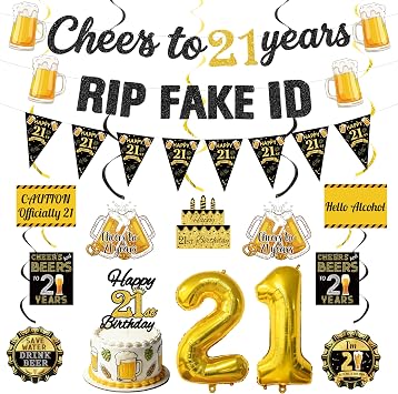 21st Birthday Decorations for Him Men,Black Gold Glitter Cheers to 21 Years Banner Triangle Flag Banner 21st Bday Hanging Swirls Number 21 Balloon Cake Topper Happy 21st Birthday Party Supplies Kit