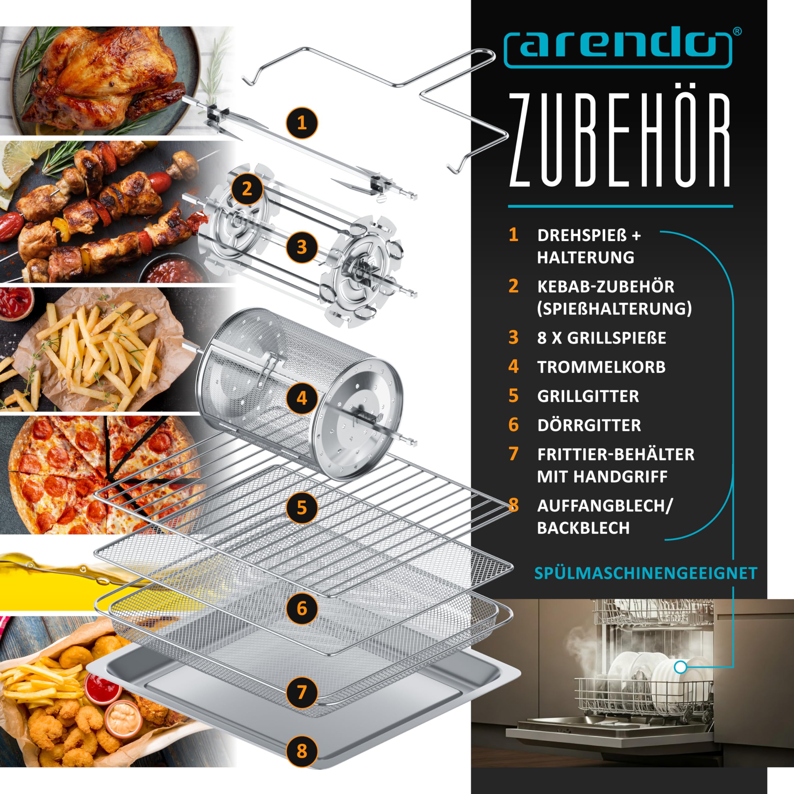 Arendo - Minibackofen 30l - Heißluftfritteuse 30 Liter - Edelstahl - Multifunktionsofen Umluft - mini Backofen Airfreyer XXL - 1800 Watt - Ofen mit 18 Programme - großer Innenraum mit 4 Ebenen