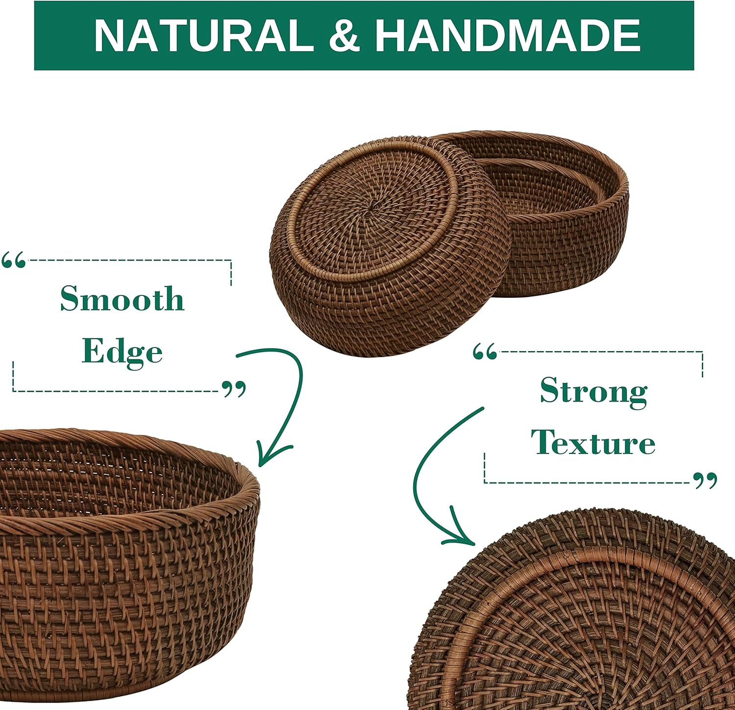 Rattan Bread & Fruit Serving Baskets Set of 3, Round Wicker Baskets for Kitchen Counter, Pantry, Gift, Dark Brown