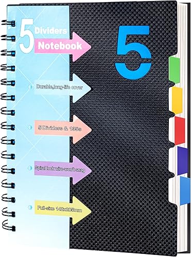 CAGIE Cuaderno de 5 asignaturas con divisores 220 páginas cuadernos de espiral de tapa dura con pestañas diario encuadernado en espiral A5 de 6 x 8