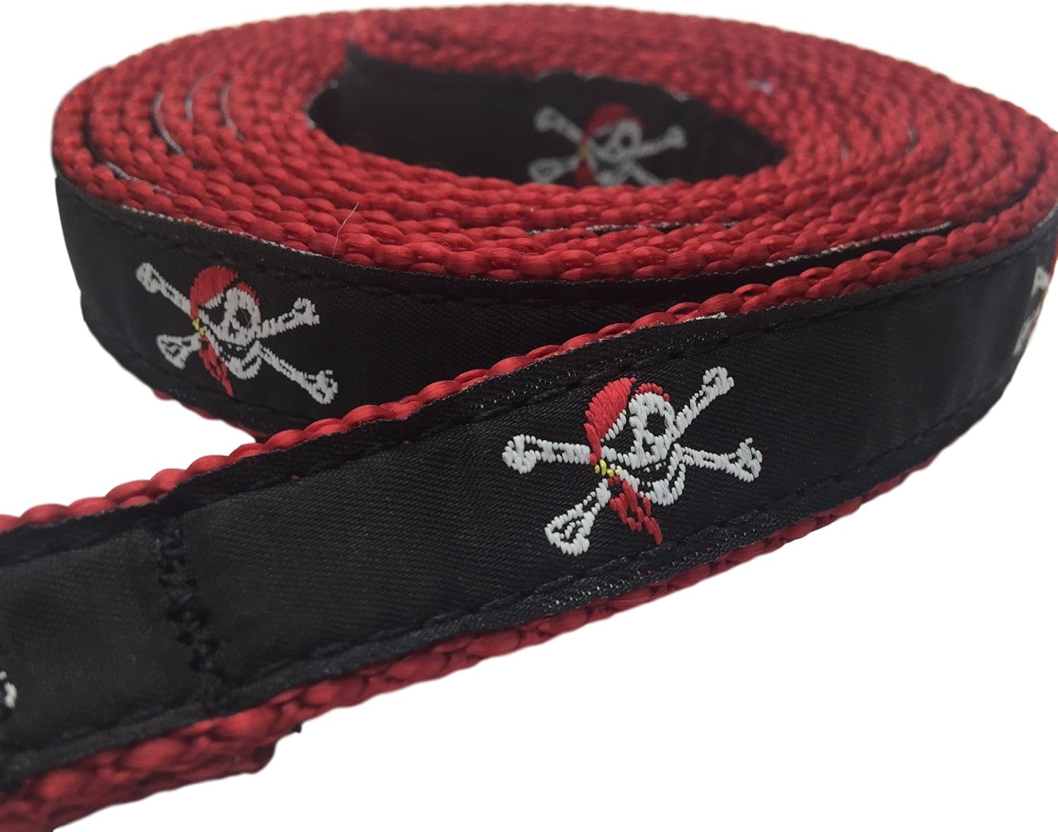 Preston Pirate Dog Collar and Leash Set - Skull and Crossbones on Black Ribbon with Red Nylon Webbing (Medium)