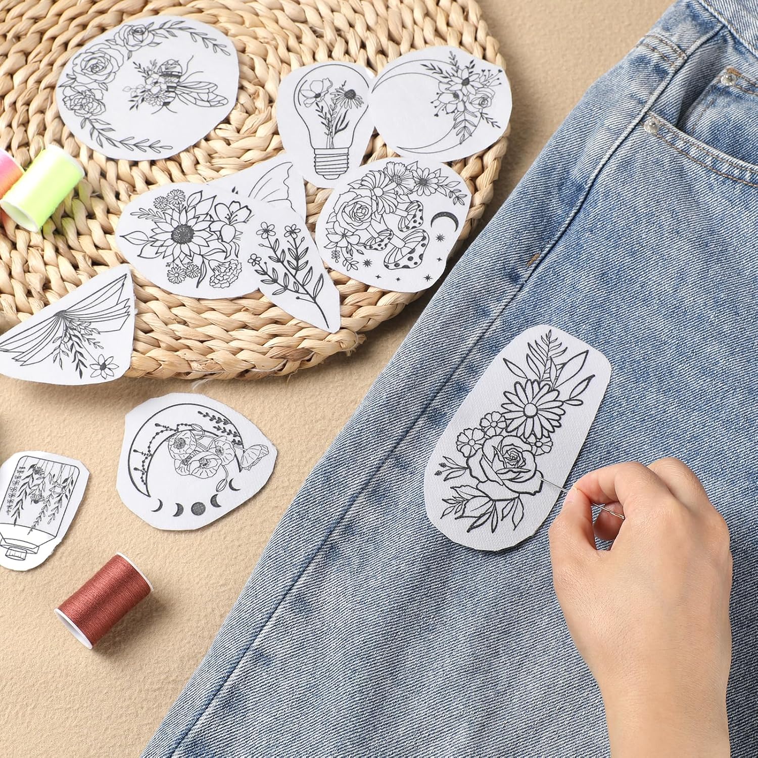 Flower Water Soluble Embroidery Patterns, 3 Sheets 80 Pcs Stick and Stitch Embroidery Papers Wash Away, Transfer Paper with Pre-Printed Floral Leaves Designs for Hand Sewing Lovers Beginners