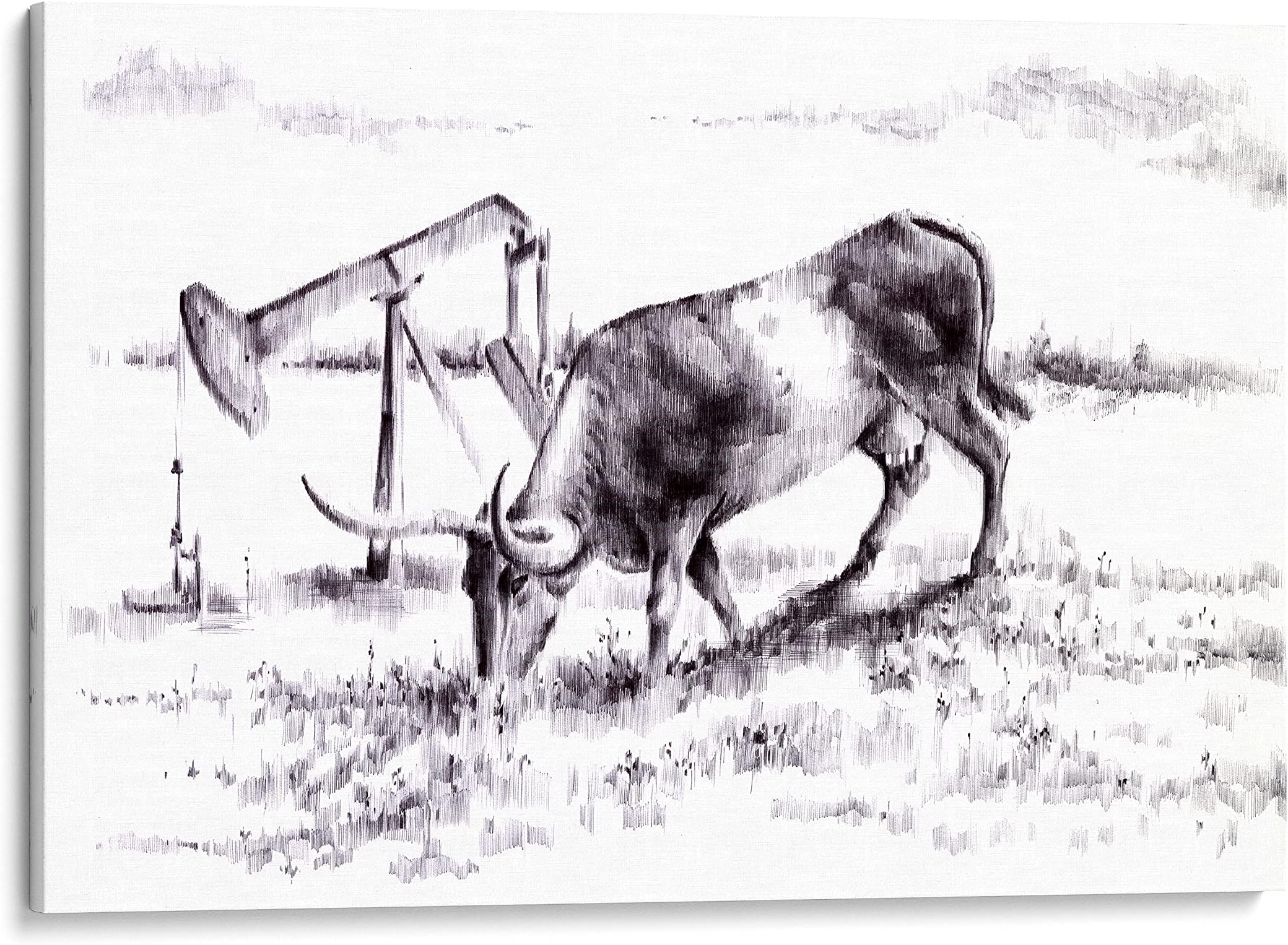 INTALENCE ART Texas Longhorn Cow Wall Art Decor, Modern Abstract Sketch Print on Canvas, 24x32 inches Large Animal Oil Field Picture Home Decor, Unique Black and White Living Room Bathroom Office Poster Decoration, Wrapped Artwork Easy Ready to Hang