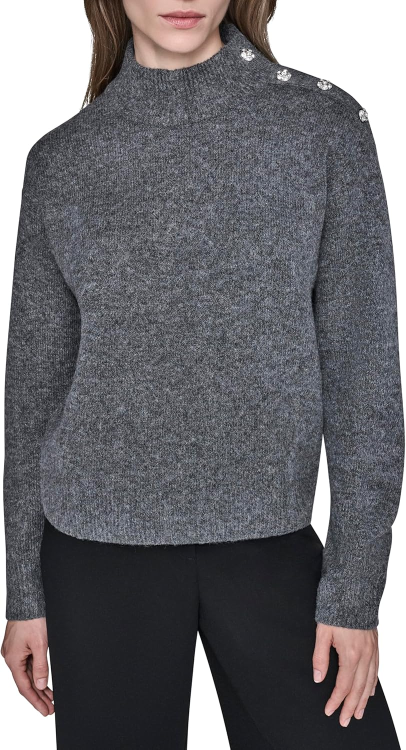Karl Lagerfeld Women's Long Sleeve Mock Neck Crystal Button Sweater