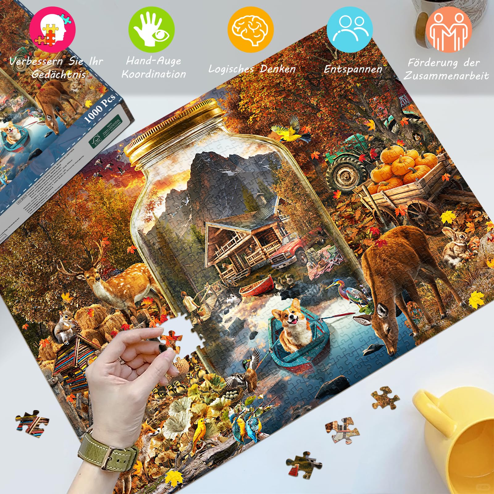 HUADADA Puzzle 1000 elementów dla dorosłych, wysokiej jakości matowy nadruk olejny, przyjazne dla oczu, dla miłośników puzzli, motyw puzzli: jesienny krajobraz w szkle