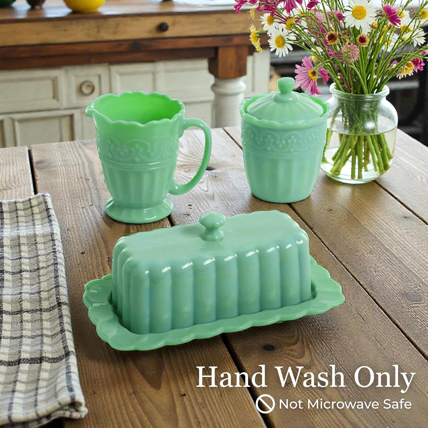 The Pioneer Woman Jade Timeless Beauty Glass Serveware Set, 5 Piece Tableware Set - Butter Dish with Lid, Sugar Bowl with Lid and Creamer