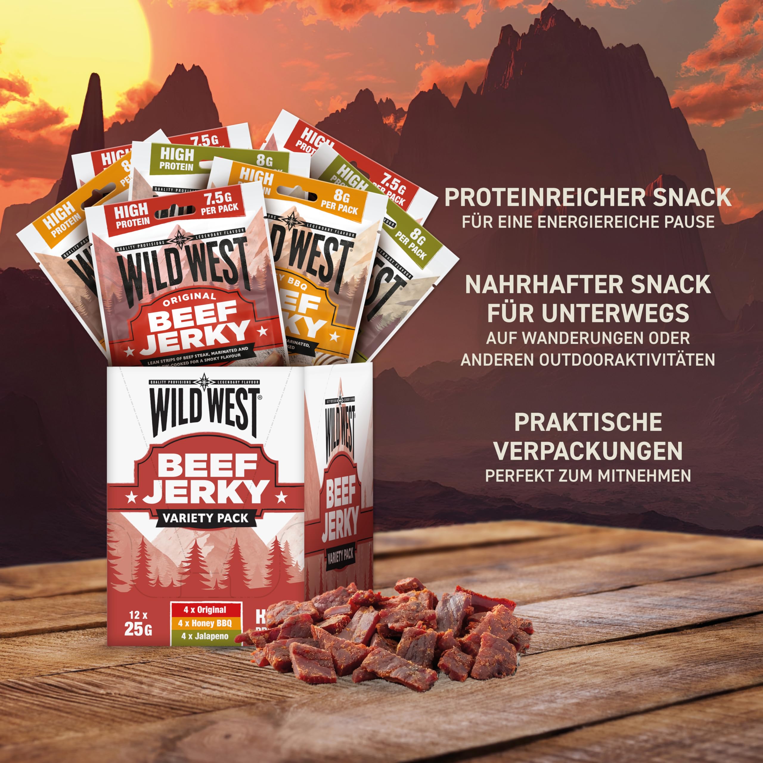 Wild West Beef Jerky, Mix Box 25g, 12er Pack mit 4x Original, 4x Honey BBQ, 4x Jalapeno - Beef Jerky high Protein Trockenfleisch, Protein Snack