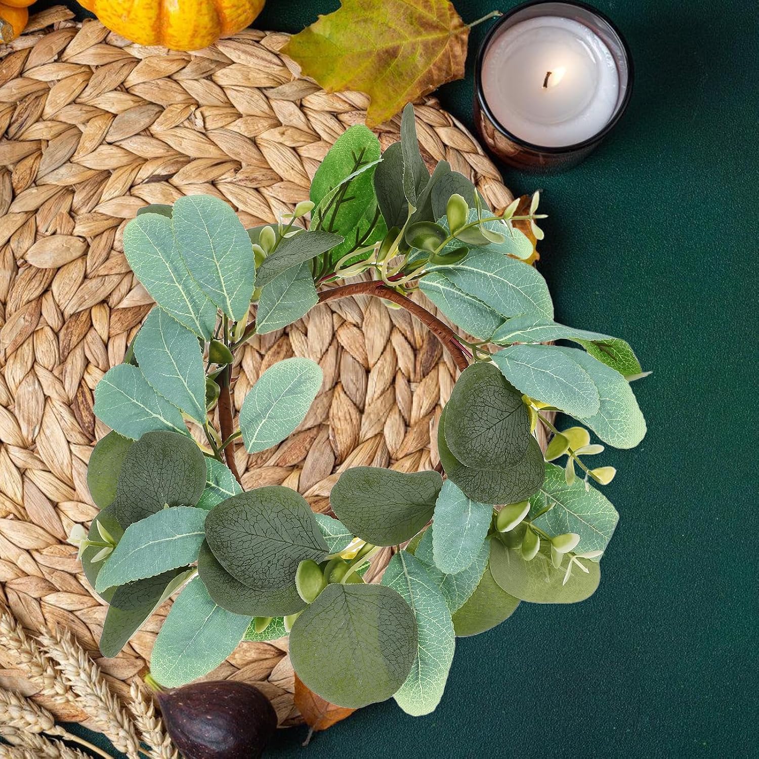LUOZZY 4pcs Spring Artificial Flower Wreath 25cm Boho Tabletop Door Decoration Candle Ring for Home Party Decor with Money Leaf Bunny Design
