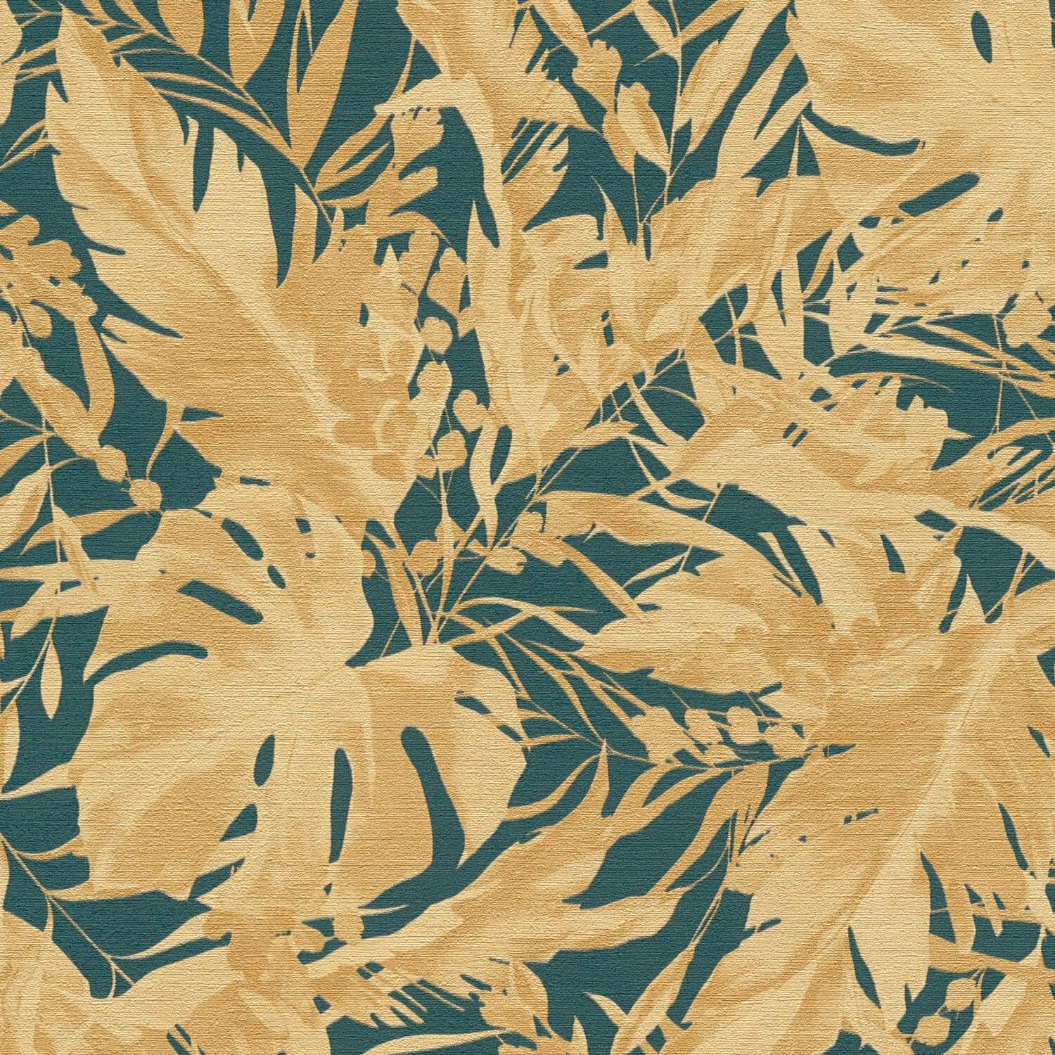 Papel pintado palmeras para un salon tropical elegante en tonos verde-azulado y oro