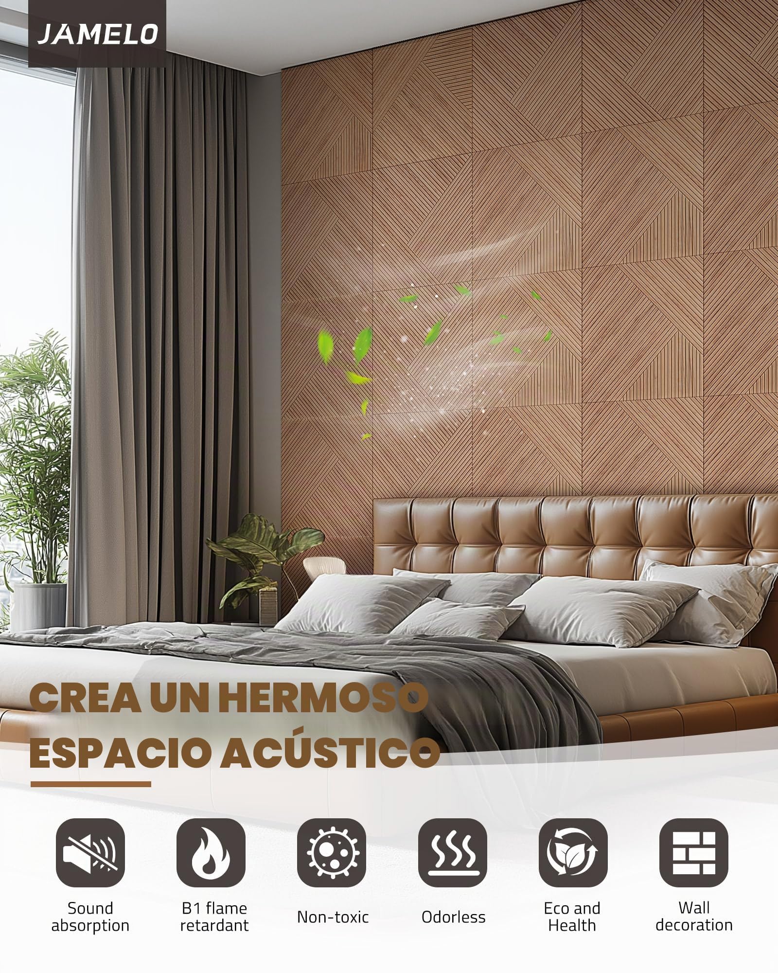 JAMELO Paneles acústicos grandes, 6 unidades, 60 x 60 cm, paneles de aislamiento acústico con estampado de madera, autoadhesivos, absorbentes acústicos, paneles de pared 3D en fieltro para estudio y