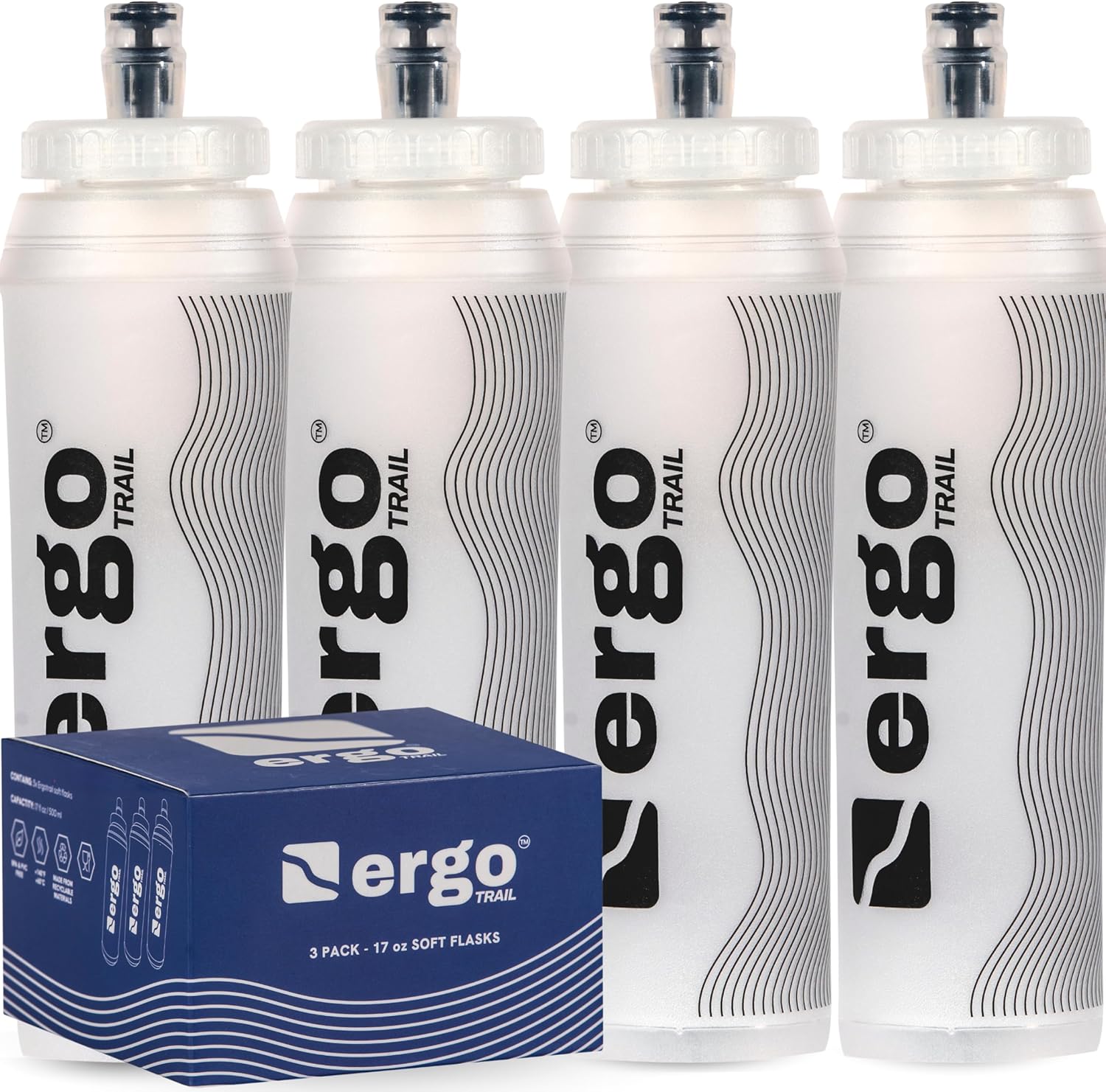Soft Flask 500ml Multi Pack – Leak-Free Hydration Bottles for Runners, Hikers & Athletes – Bite Valve, Wide-Mouth, Freezable Soft Water Bottles for Running Vests (4, Transparent)