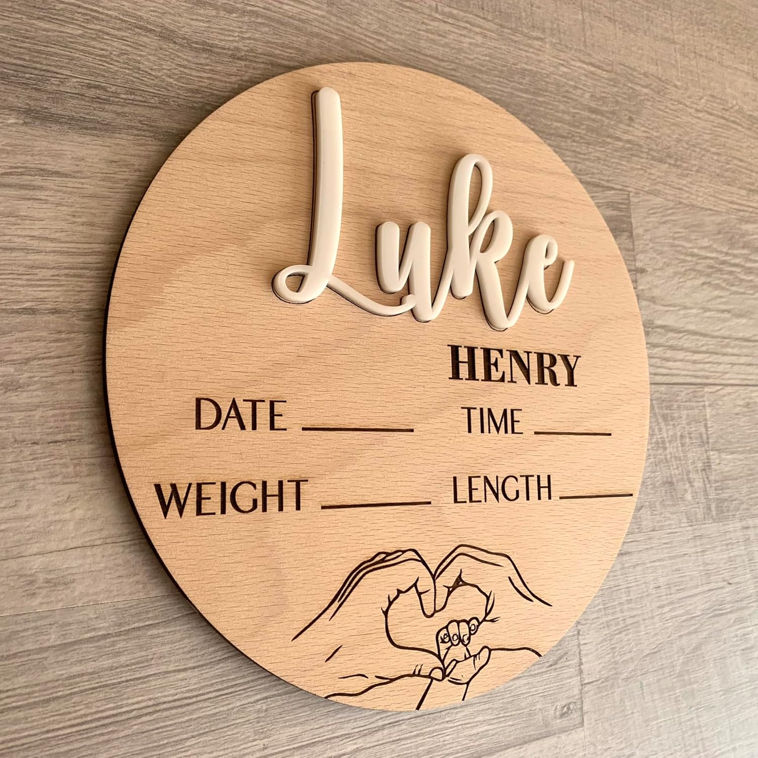Family Heart Hands, Baby Announcement Sign, Personalized Wood Sign with Custom Name and Birth Stats, Mom, Dad, and Kid Hands, Hospital Name Plaque for Newborn, Baby Shower Keepsake (Design 10)