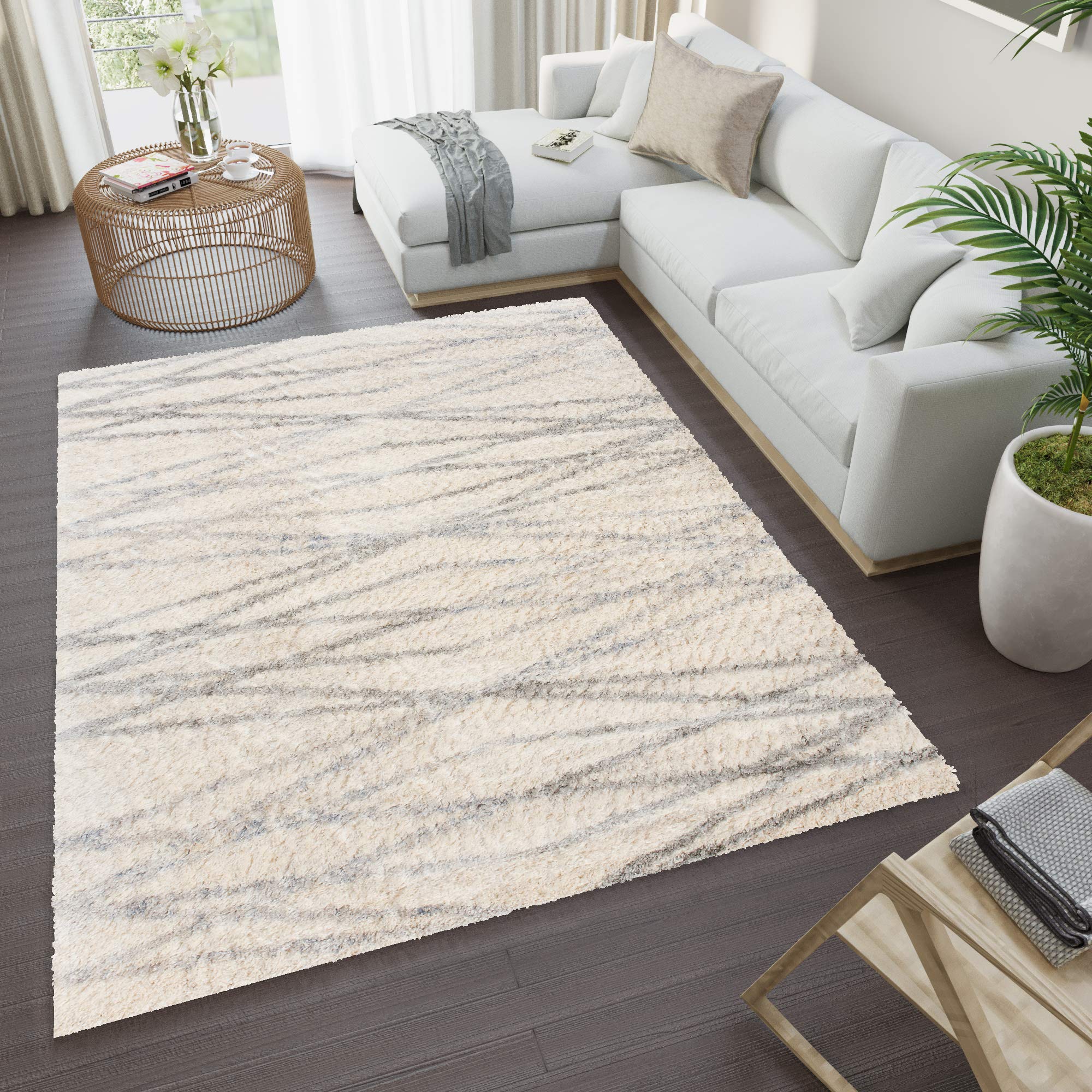 TAPISO Versay Alfombra Shaggy de Pelo Largo Crema Gris Abstracto Suave Mullida Diseño Moderno Alfombra de Salón Dormitorio Habitación Infantil Sala de Estar 200 x 300 cm