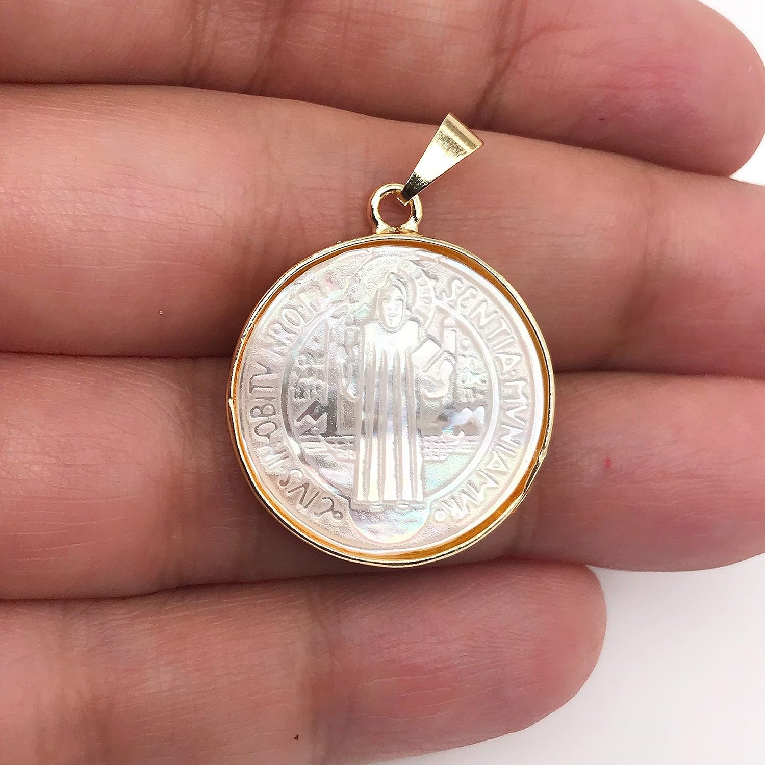 SIFRIMANIA Mother of Pearl Saint Benedict Medal Pendant, 1 Inch Gold Tone Religious Charm, Carved Front with Plain Back, No Chain Included - Image 2