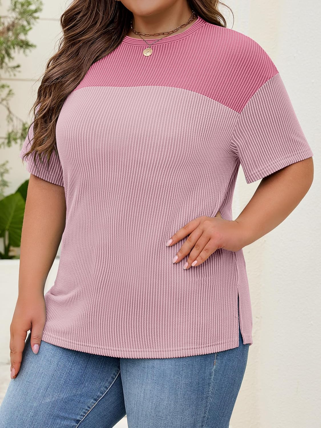Womens Plus Size Short Sleeve Color Block Pullover Tunic Tops Summer Casual Crewneck Side Split T Shirts Pink - Image 3