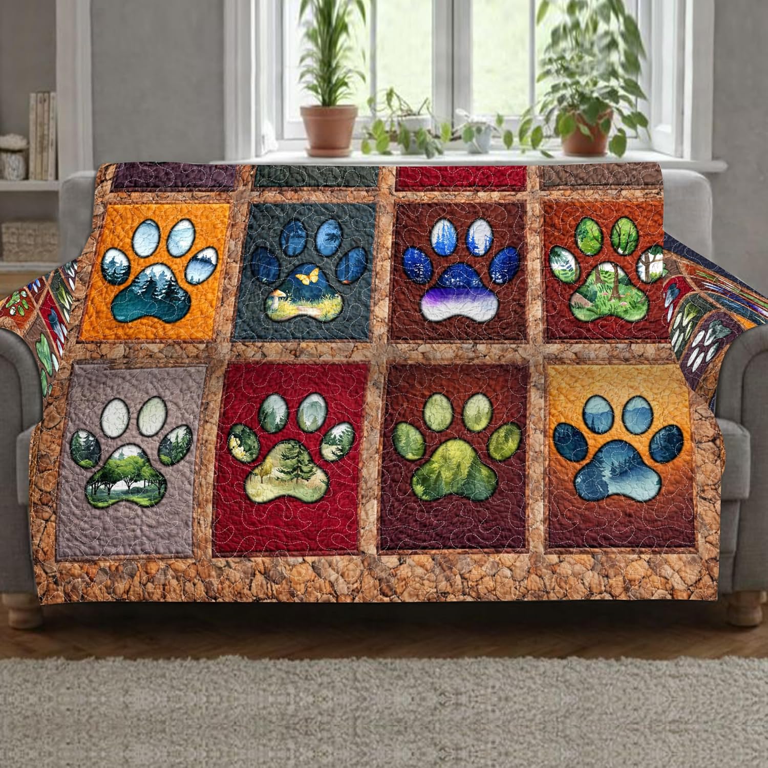 Custom Paw Print Patchwork Sofa Cover, Quilt Cover Couch Protector for Chair, Loveseat Sofa - Dog Lover Couch Throw Non-Slip for Living Room Decor, Washable Cover for Pet Owners (#2)