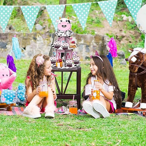 Miniatura 7 de Holy Cow I'm One Birthday Decor Soporte de cartón con estampado de vaca de 3 niveles para fiesta de primer cumpleaños, soporte para cupcakes de