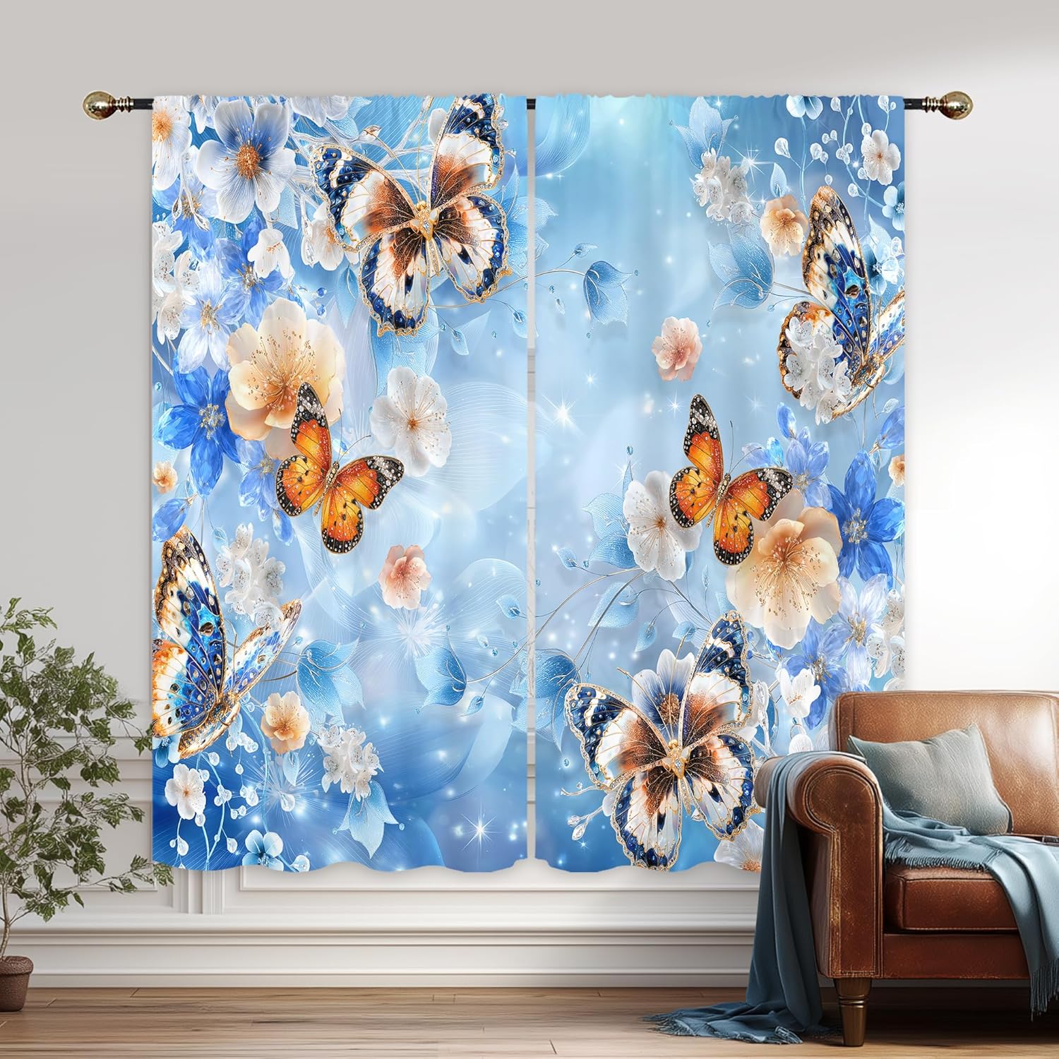 Spring Butterfly Floral Curtains for Bedroom 42Wx63H Inch Rod Pocket Blue White Flower Cherry Blossom Botanical Plant Pretty Girly Women 2 Panel Window Treatment Set for Living Room Decor