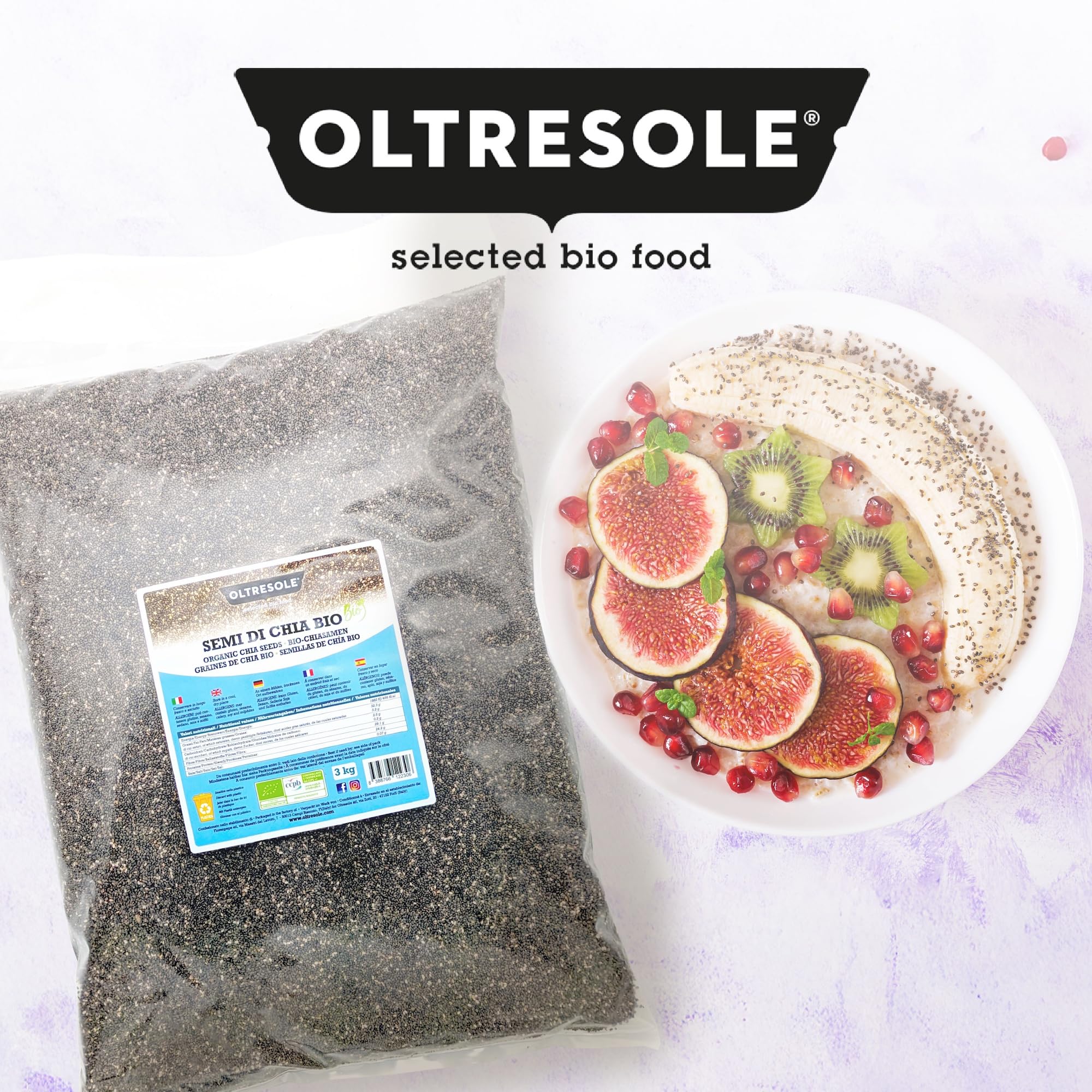 Oltresole | Semi di Chia Biologici - 3 Kg | Semi Chia Bio, Superfood Ricco di Proteine e Fibre, Senza Additivi | Ideali per Muesli, Insalate e Prodotti da Forno | Formato Famiglia