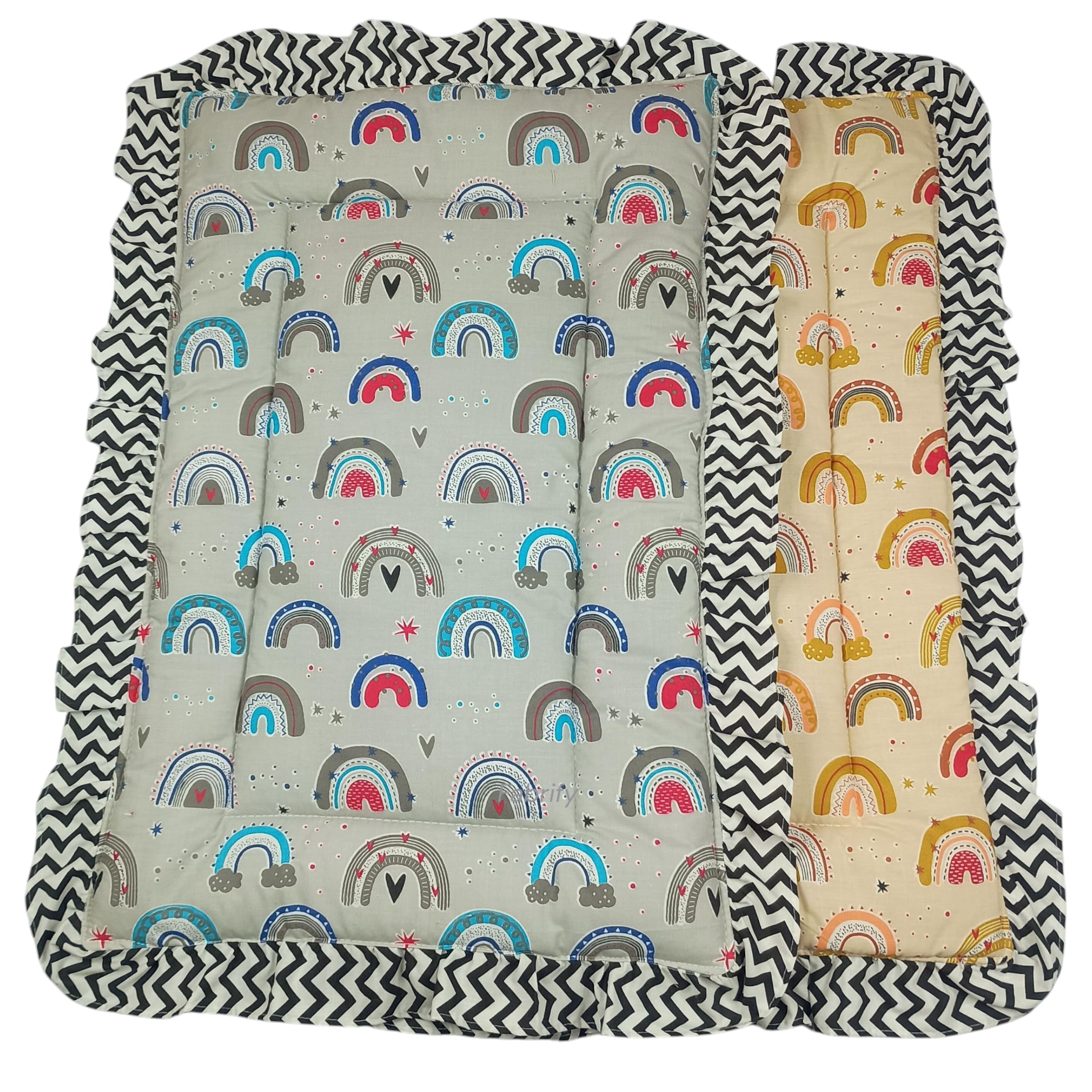 Fabrify 100% Soft Cotton New Born Baby Lacy Cotton Bed |Frill Mattress | Godadi Crib Sheet | Bedding Set | Godadi | Baby Mattress Rainbow (Pack of 2) (Blue and Orange)