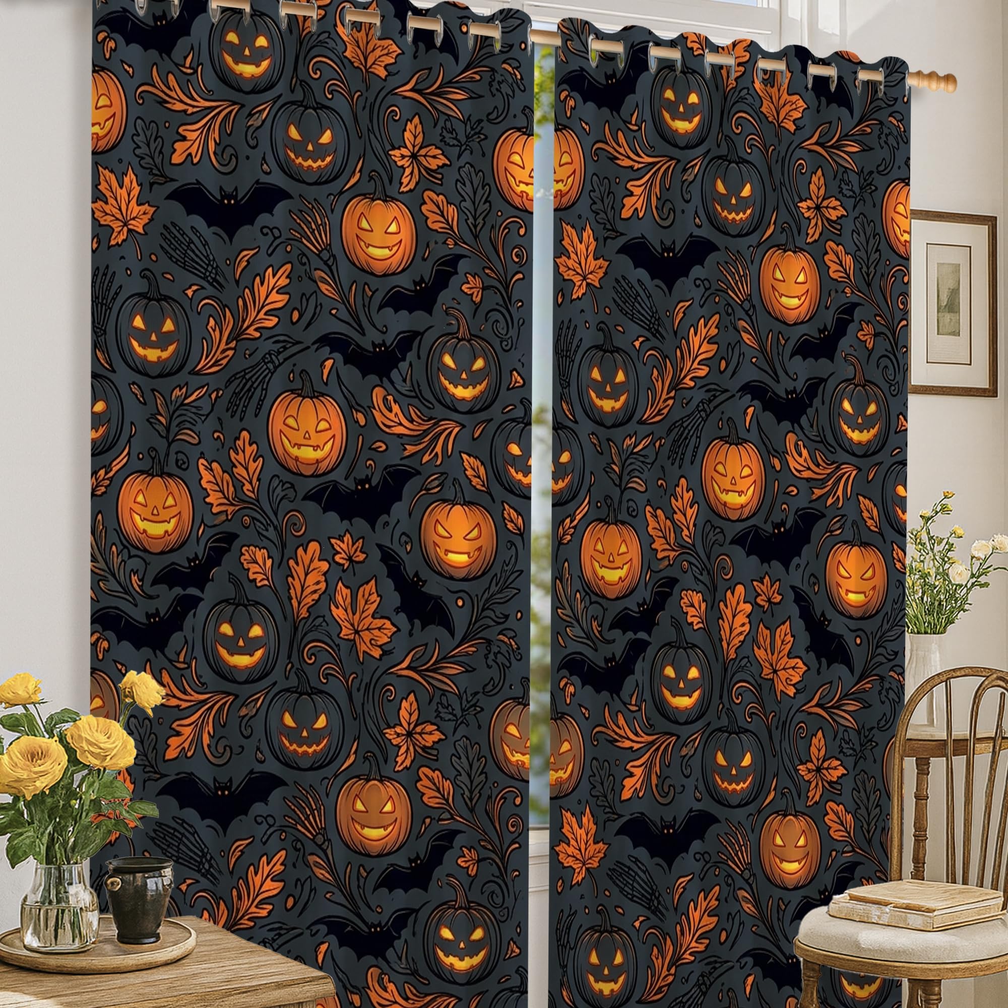 Rideaux occultants anti-lumière noirs imprimés feuilles et citrouilles 132 x 160 cm