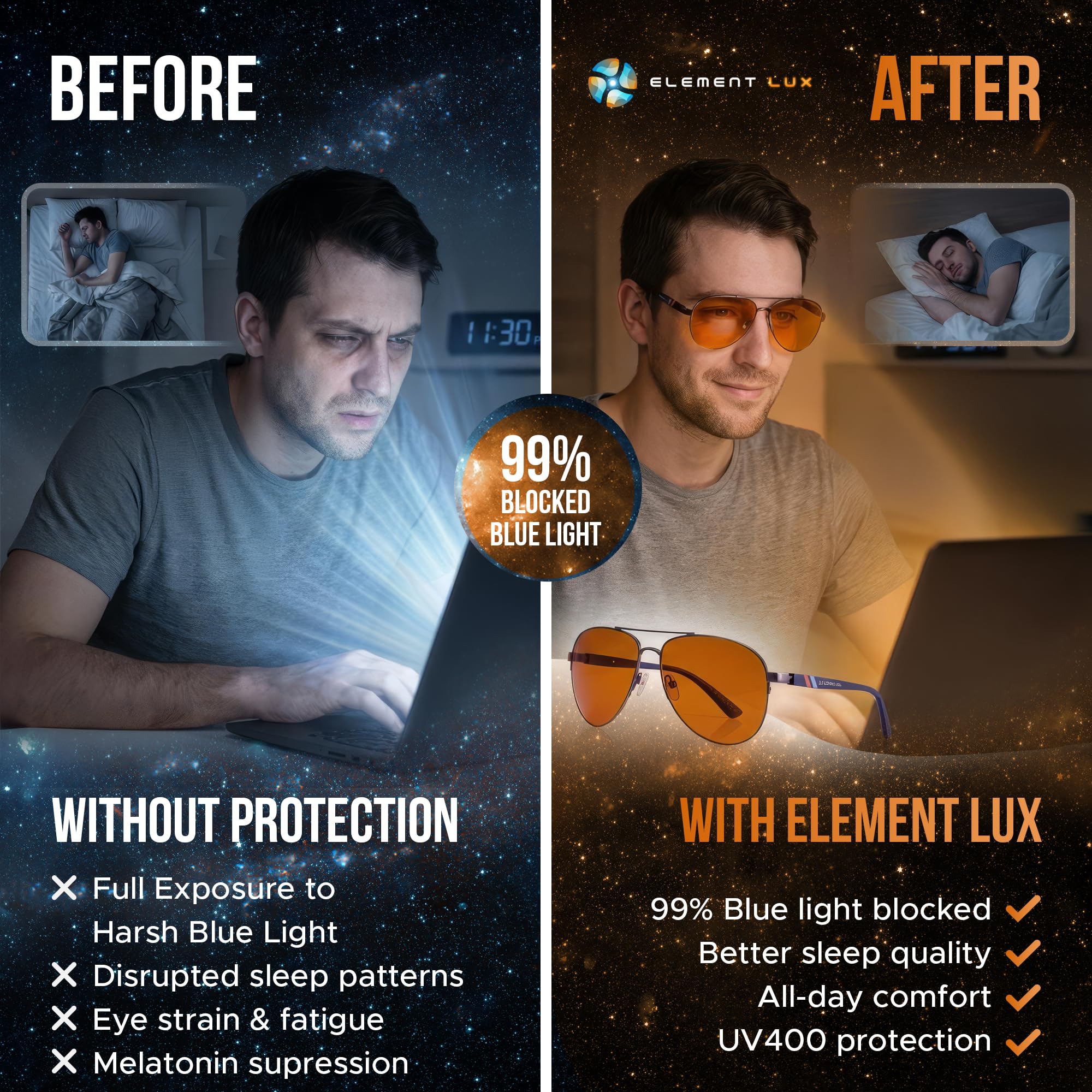 Elements Lux okulary blokujące niebieskie światło – 99% bursztynowe okulary blokujące – dla lepszego snu, grania, obciążenia oczu, komputera, bursztynu, rozmiar S, Kolor bursztynu, S