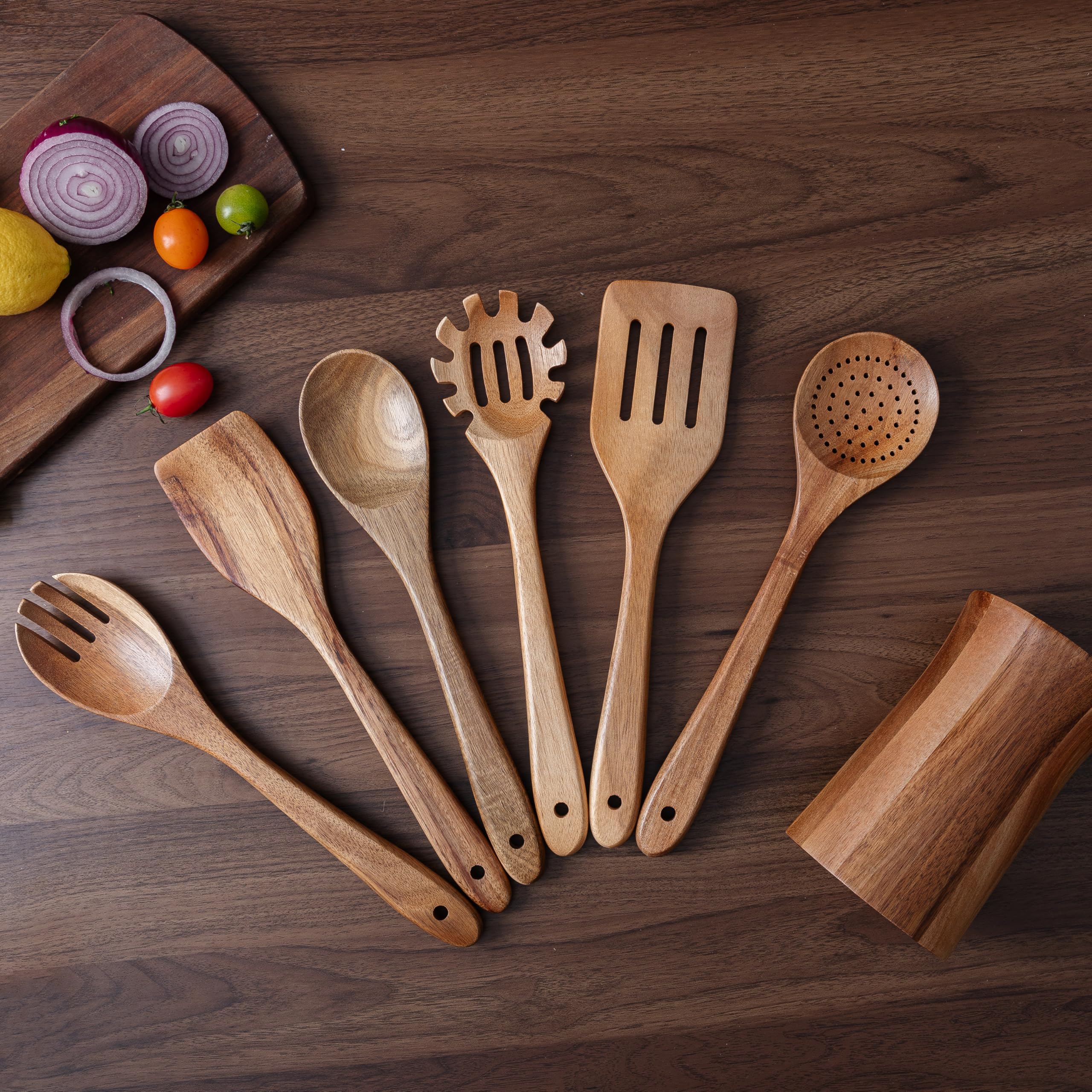 7-teiliges Küchenhelfer-Set aus natürlichem Akazienholz mit Halter – Holzlöffel und Gabel zum Kochen, Komfortgriff, Kochlöffel, Spatel, Sieblöffel, Salatgabel, Rührlöffel und Utensilienhalter