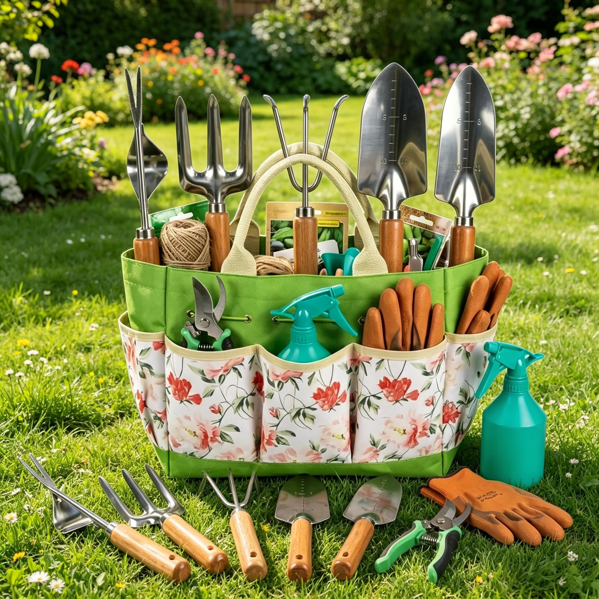 Gartenwerkzeug Set 9-teilig, Edelstahl Gartengeräte mit Aufbewahrungstasche, Gartenschere, Sprühflasche, Gartenhandschuhe, Unkrautstecher, für Gartenarbeit, Balkon, Geschenk für Gärtner