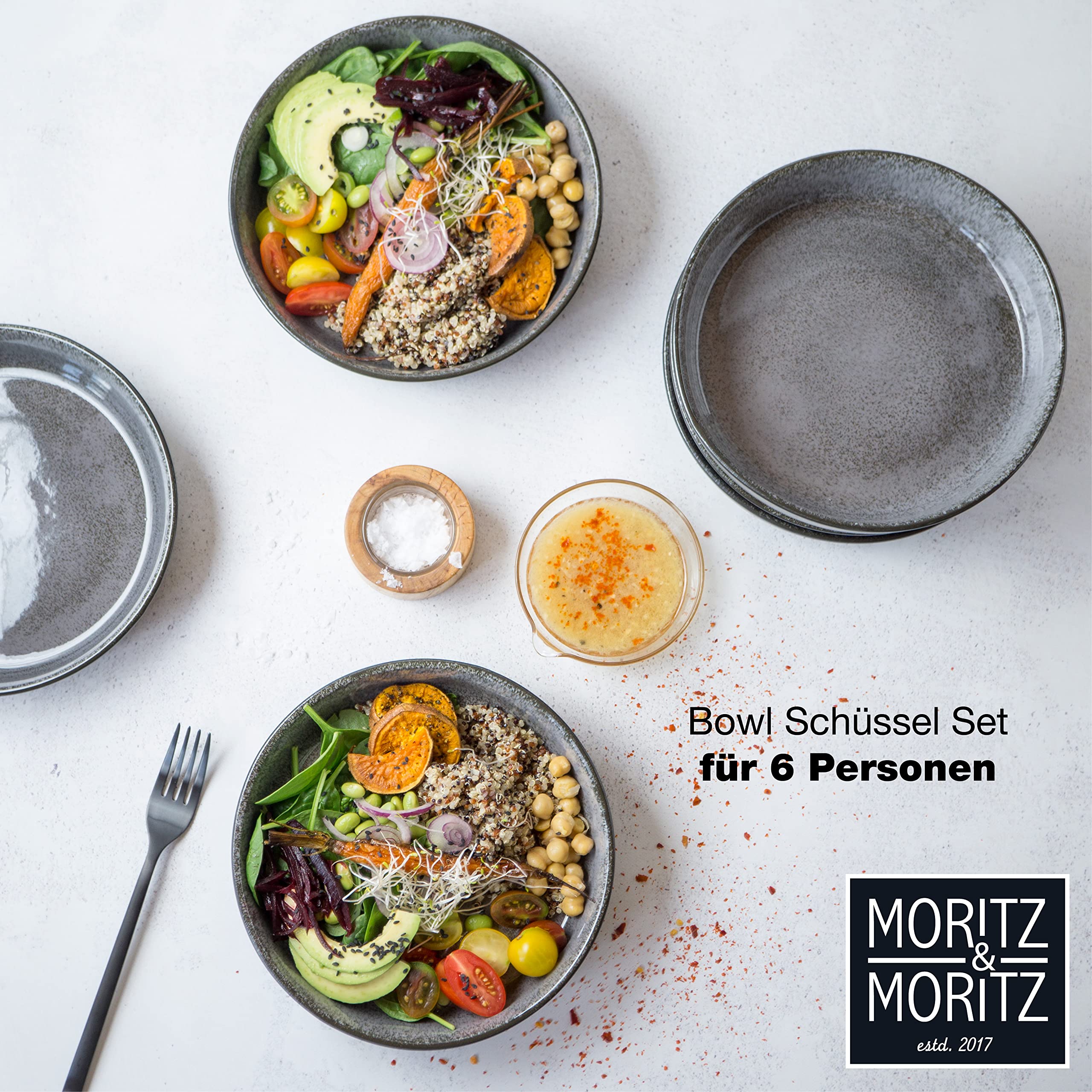 Moritz & Moritz 6x Smoothie Bowl Schüssel aus Porzellan Anthrazit – Buddha Bowl Schüssel für 6 Personen – Als Suppenschüssel, Salatschalen und Müslischalen Set