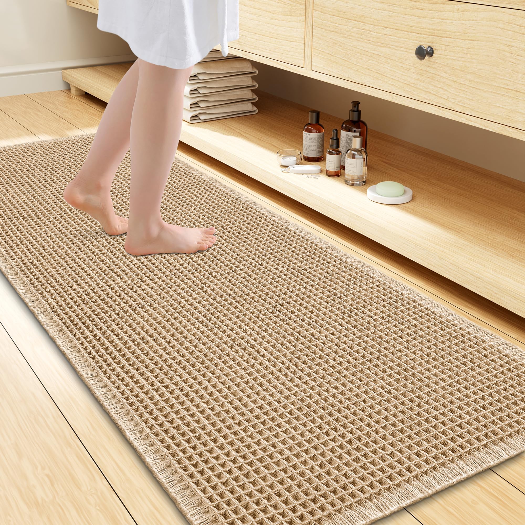 Photo 1 of Smiry Waffle Bath Mat 60X24, Extra Soft Absorbent Bathroom Rugs, Brown
