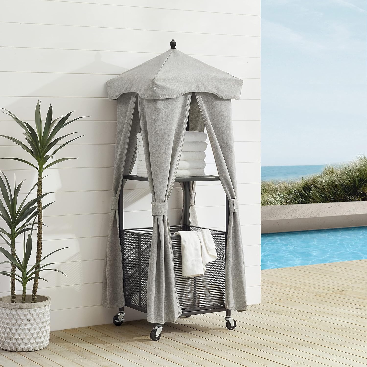 Crosley Furniture Grady Towel Valet Caddy, Covered Rolling Outdoor Storage for Pool and Hot Tub, Gray/Matte Black